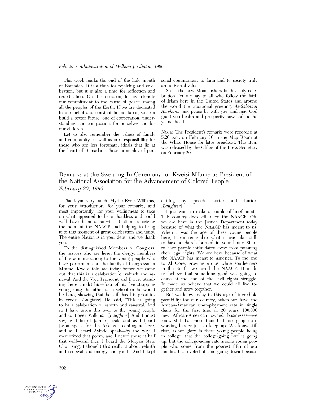 Remarks at the Swearing-In Ceremony for Kweisi Mfume As President of the National Association for the Advancement of Colored People February 20, 1996