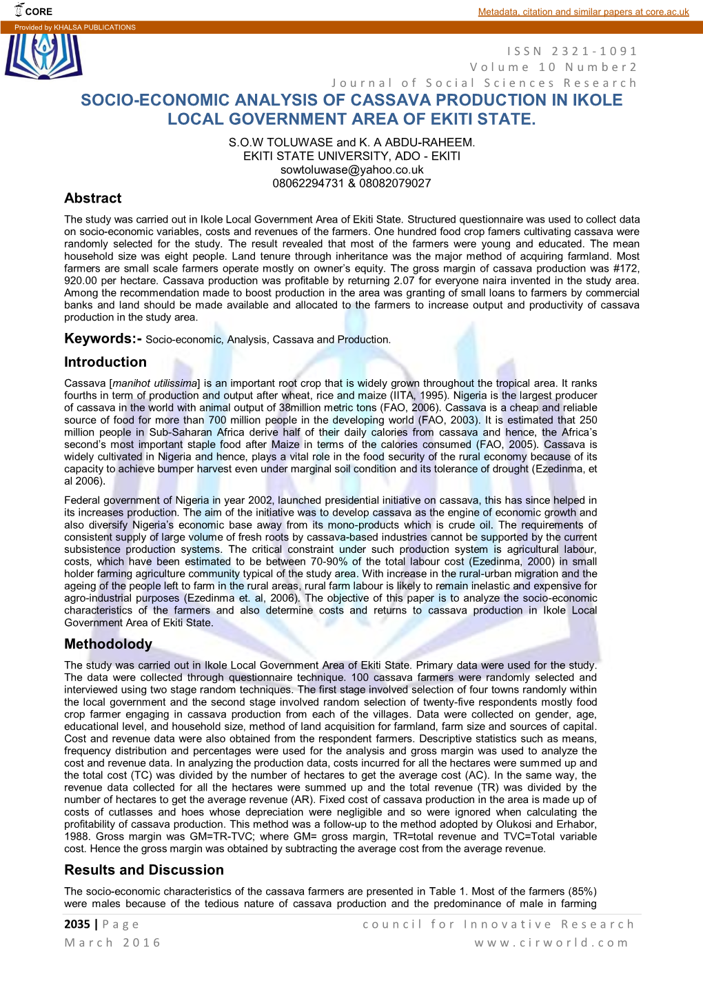 Socio-Economic Analysis of Cassava Production in Ikole Local Government Area of Ekiti State