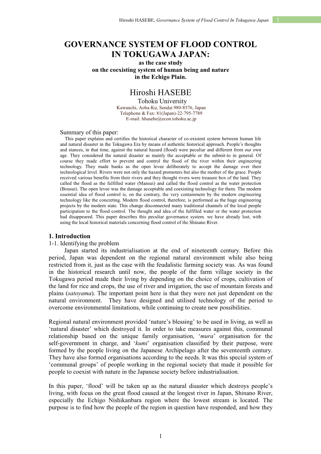 Governance System of Flood Control in Tokugawa Japan 1