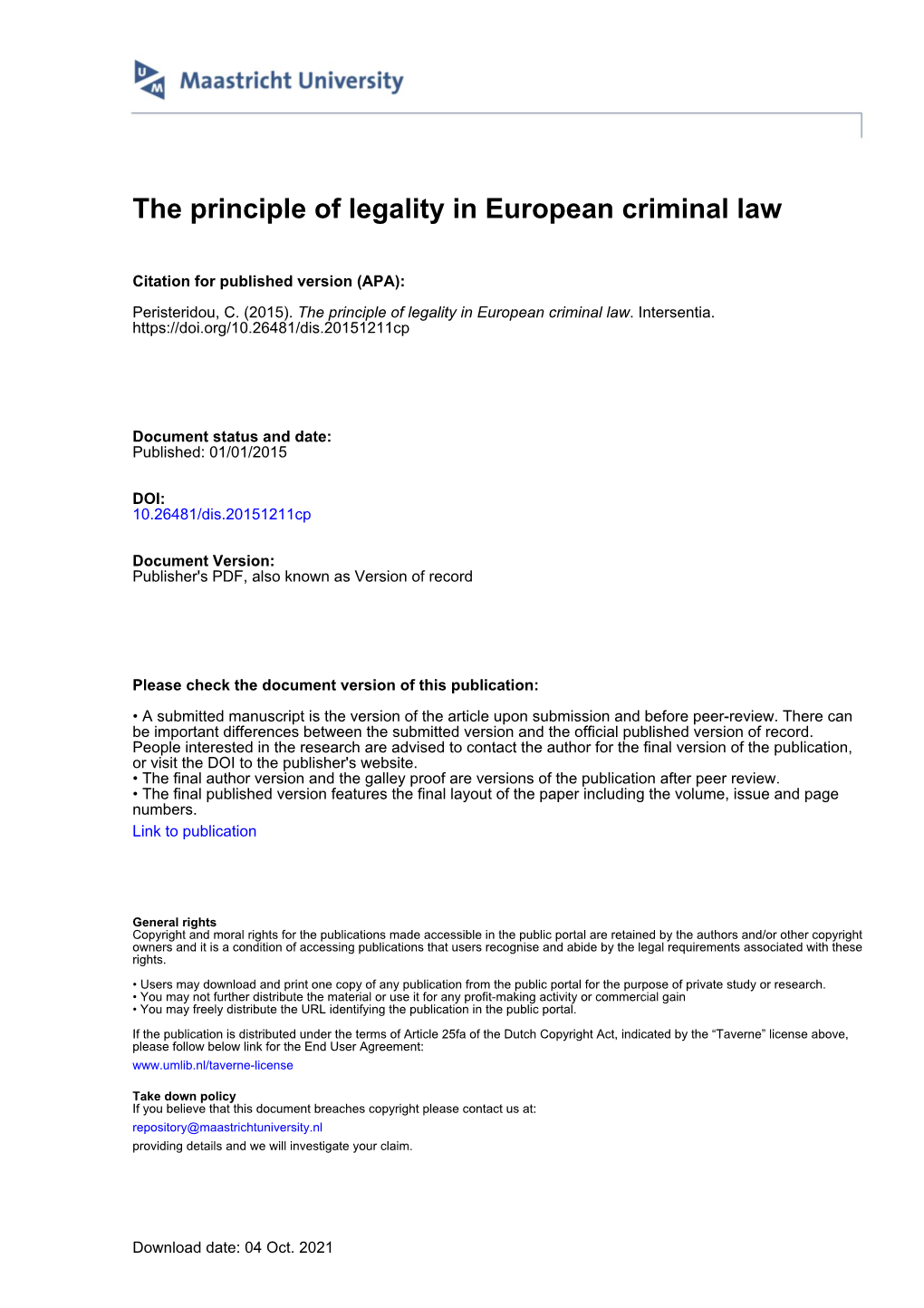 The Principle of Legality in European Criminal Law