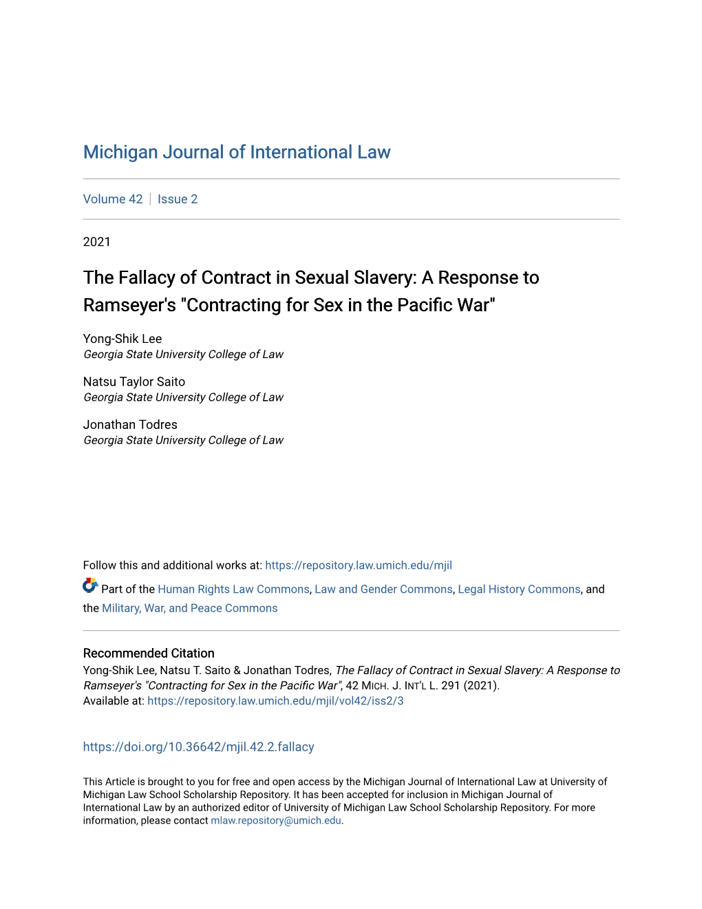 The Fallacy of Contract in Sexual Slavery: a Response to Ramseyer's "Contracting for Sex in the Pacific Arw "