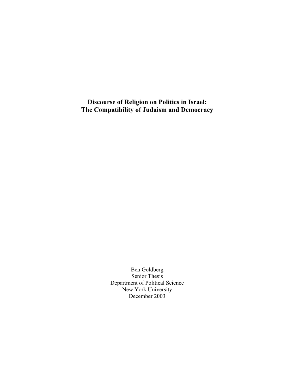 Discourse of Religion on Politics in Israel: the Compatibility of Judaism and Democracy