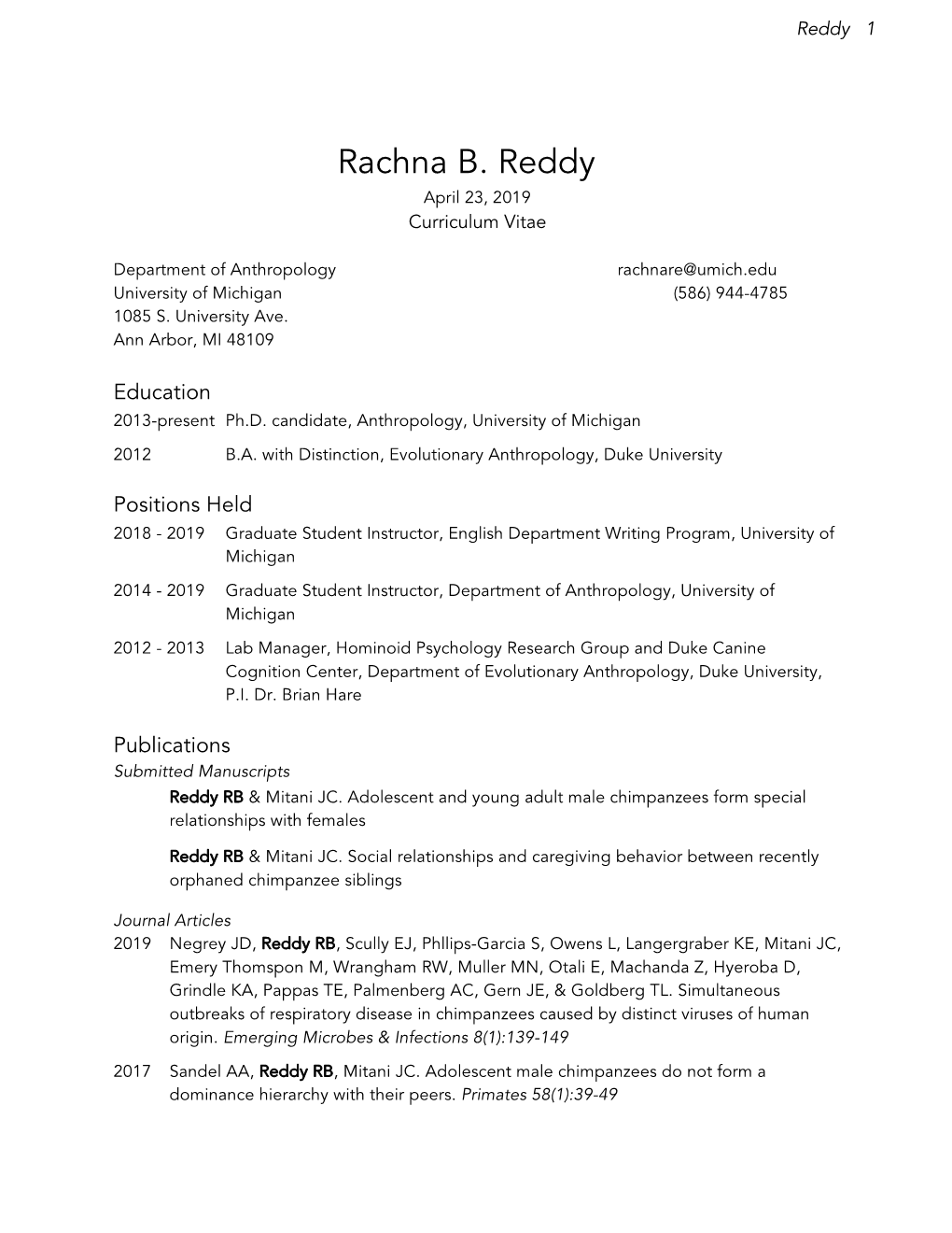 Rachna B. Reddy April 23, 2019 Curriculum Vitae