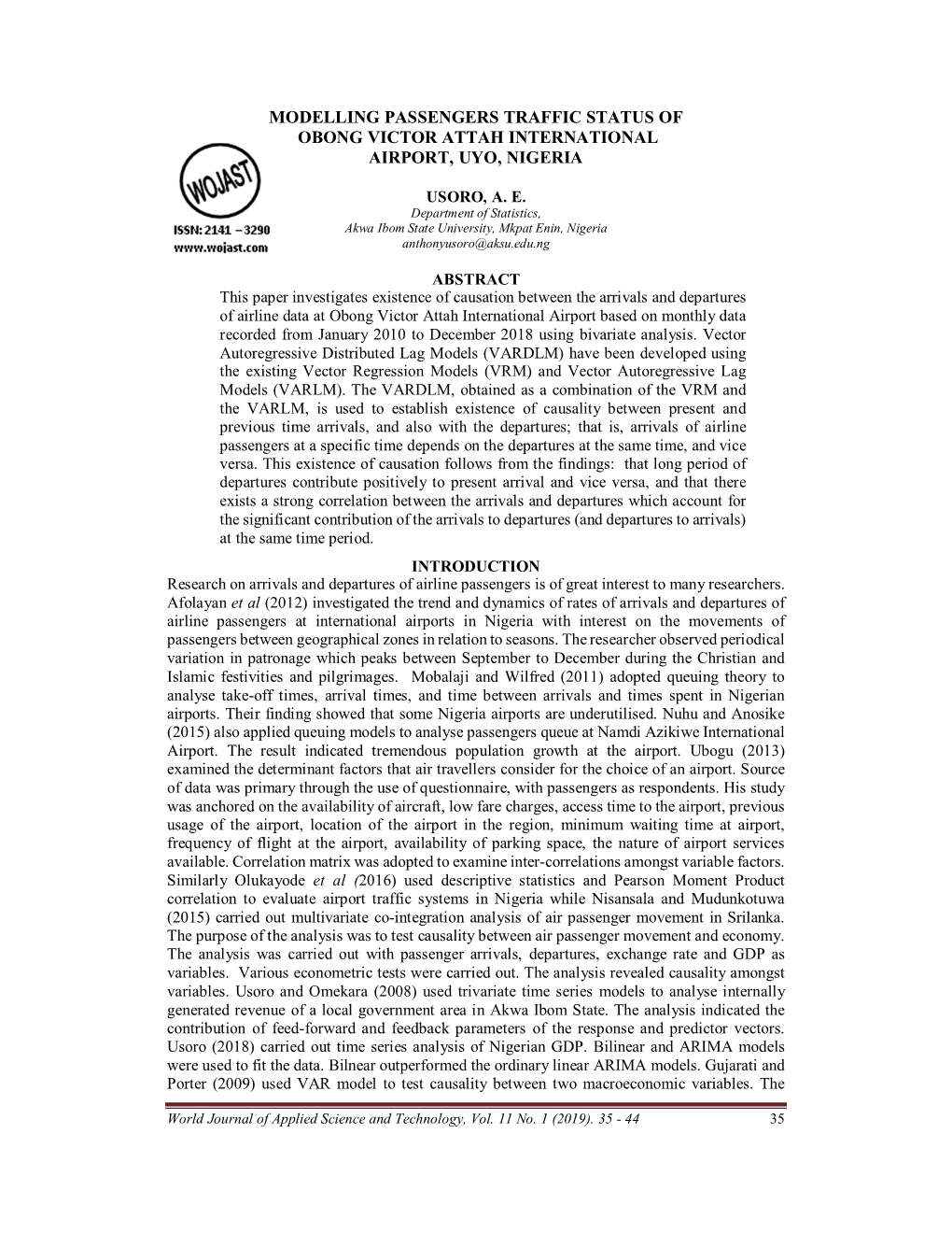 Modelling Passengers Traffic Status of Obong Victor Attah International Airport, Uyo, Nigeria