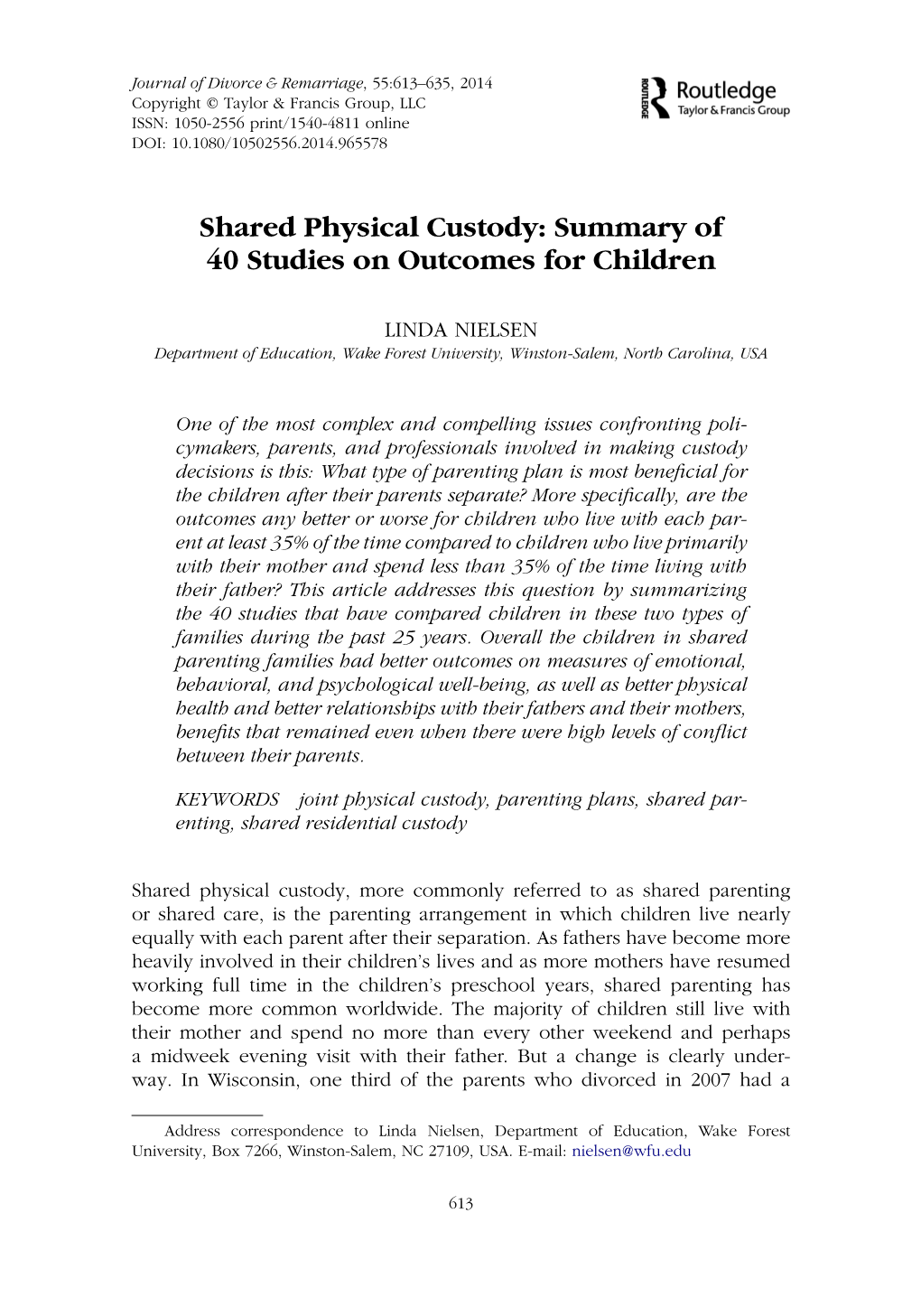 Shared Physical Custody: Summary of 40 Studies on Outcomes for Children