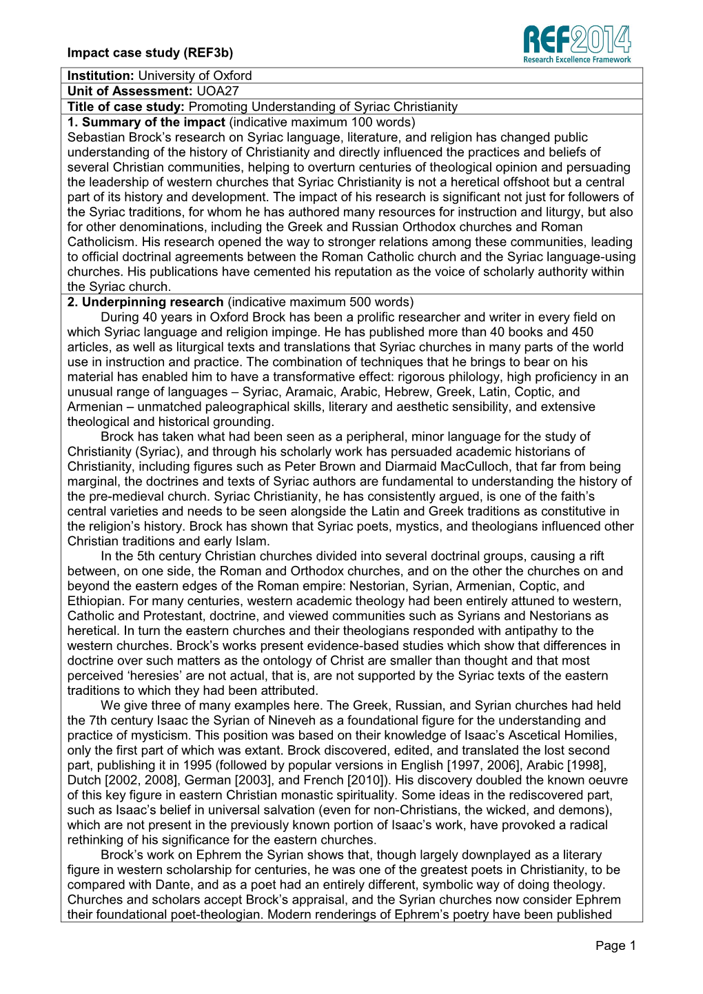 Impact Case Study (Ref3b) Institution: University of Oxford Unit of Assessment: UOA27 Title of Case Study: Promoting Understanding of Syriac Christianity 1