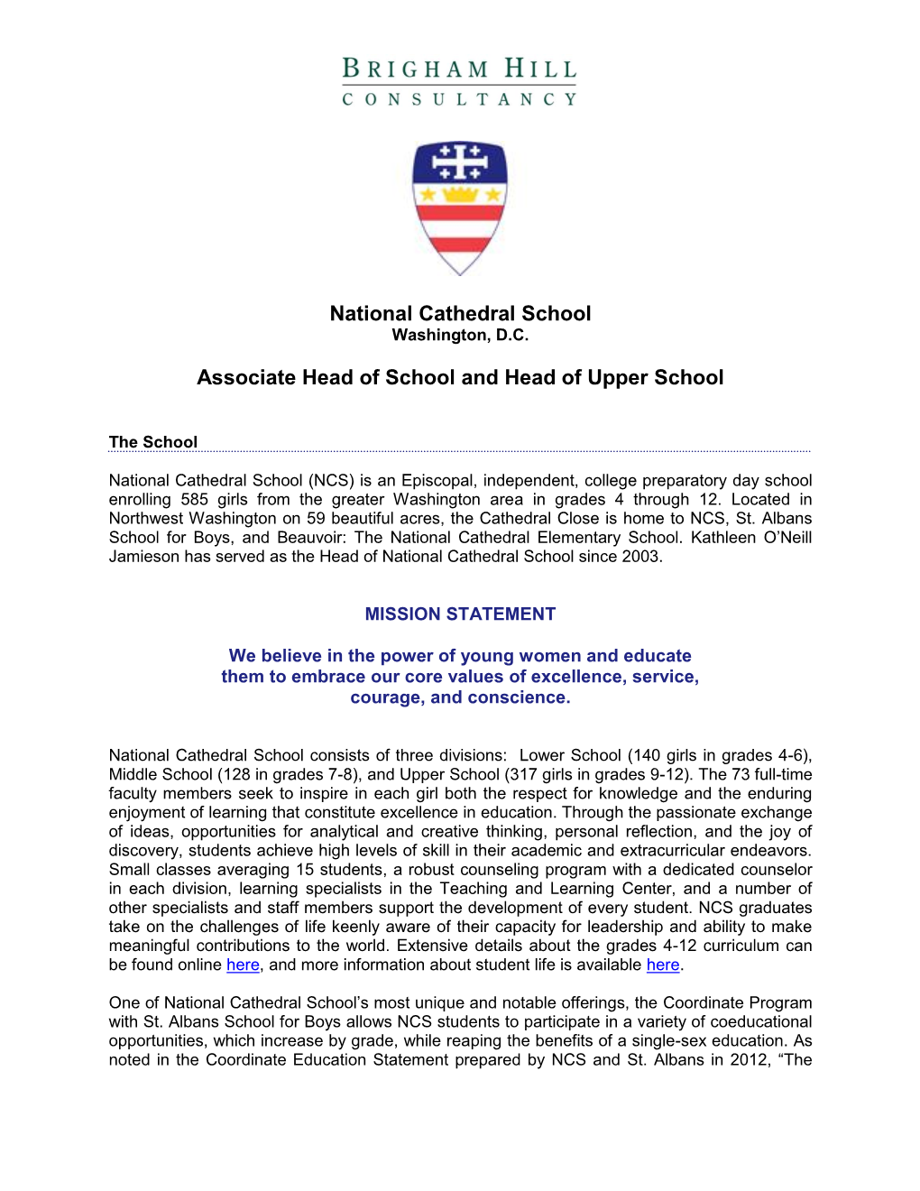 NATIONAL CATHEDRAL SCHOOL Associate Head of School and Head of Upper School