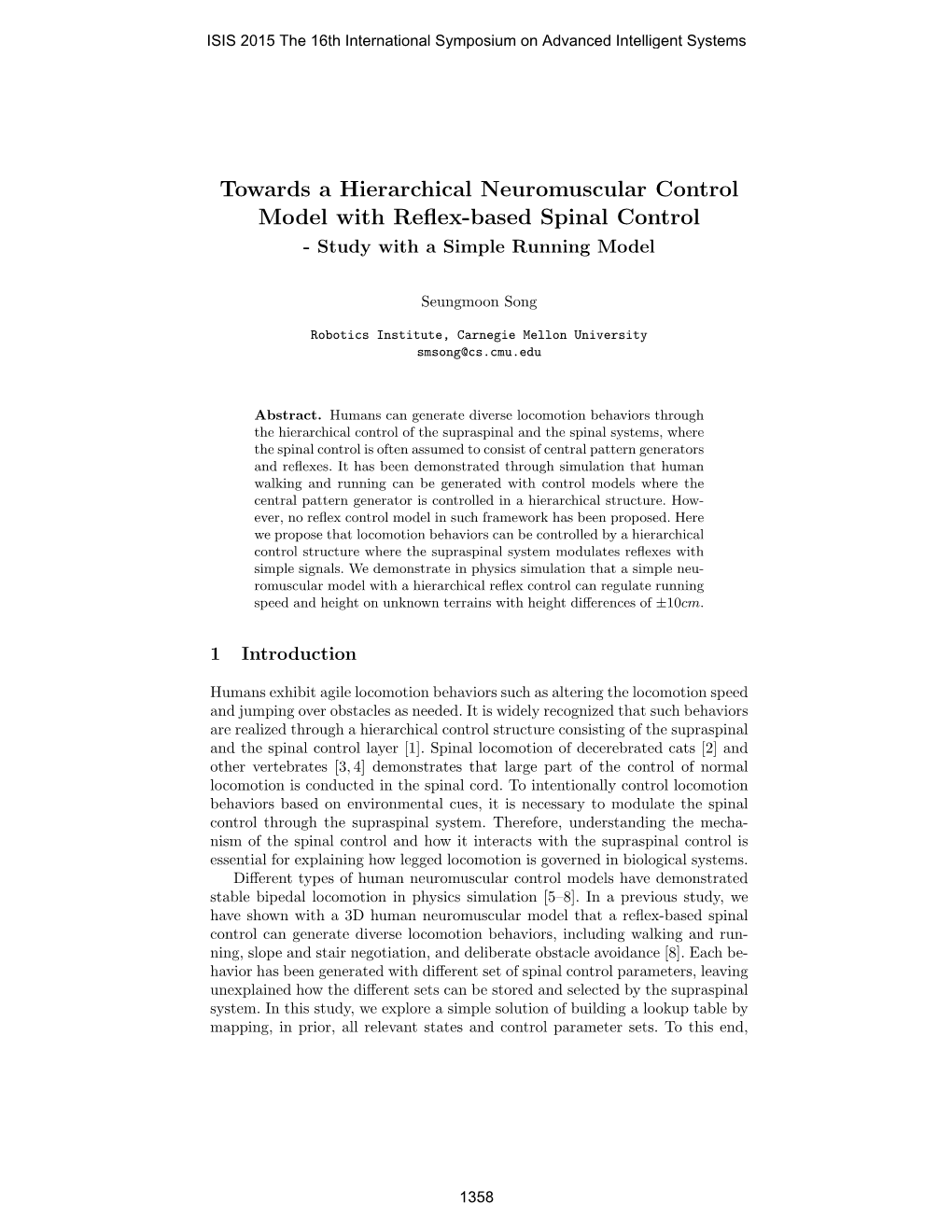 Towards a Hierarchical Neuromuscular Control Model with Reﬂex-Based Spinal Control - Study with a Simple Running Model