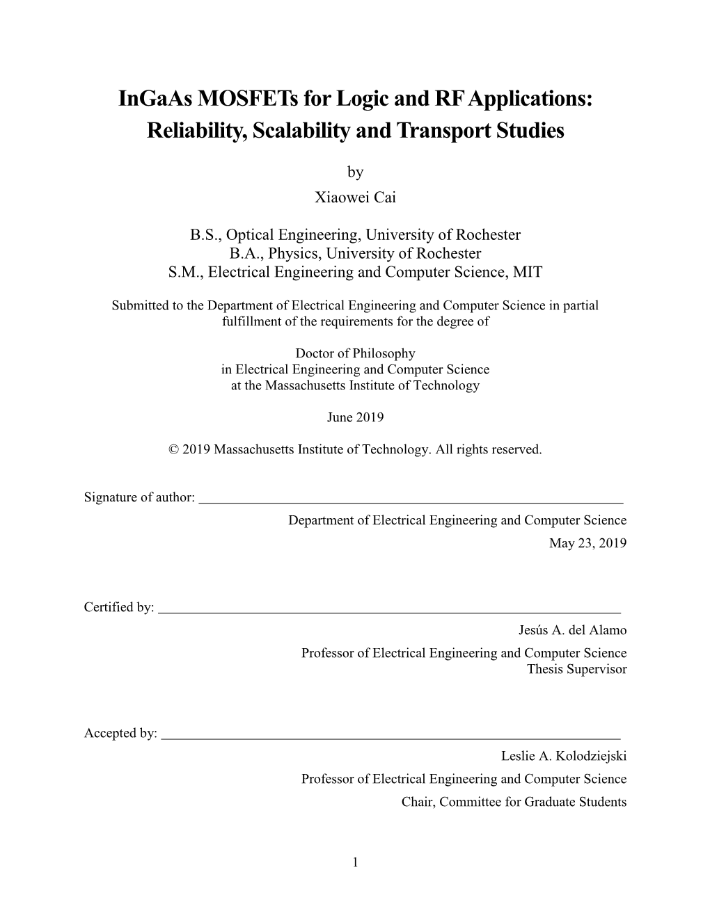 Ingaas Mosfets for Logic and RF Applications: Reliability, Scalability and Transport Studies