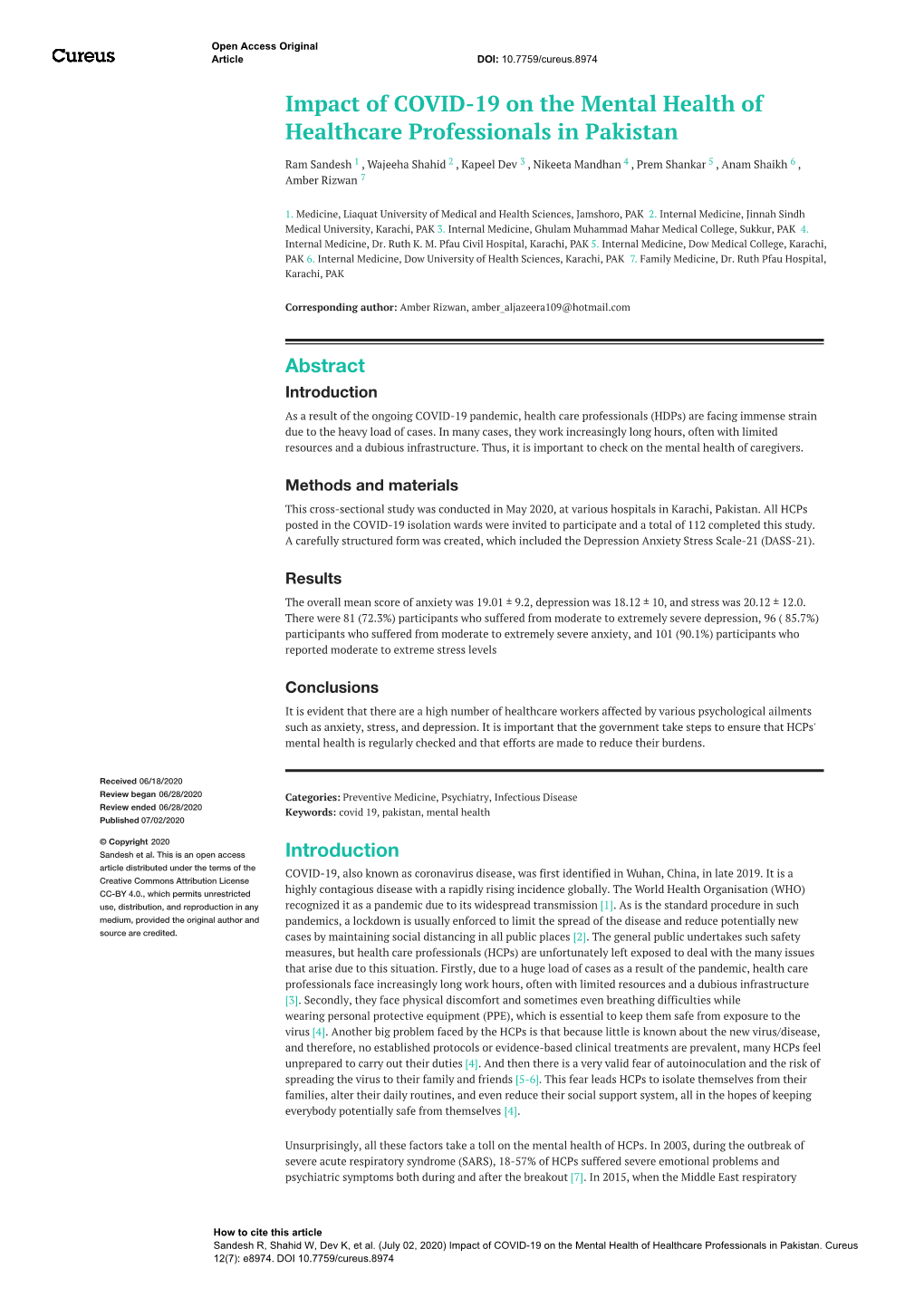 Impact of COVID-19 on the Mental Health of Healthcare Professionals in Pakistan