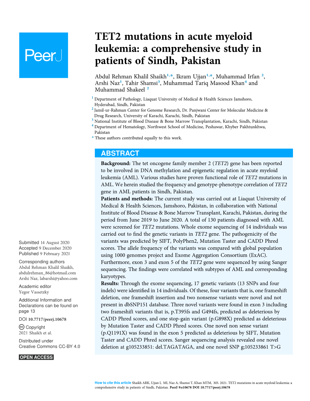 TET2 Mutations in Acute Myeloid Leukemia: a Comprehensive Study in Patients of Sindh, Pakistan