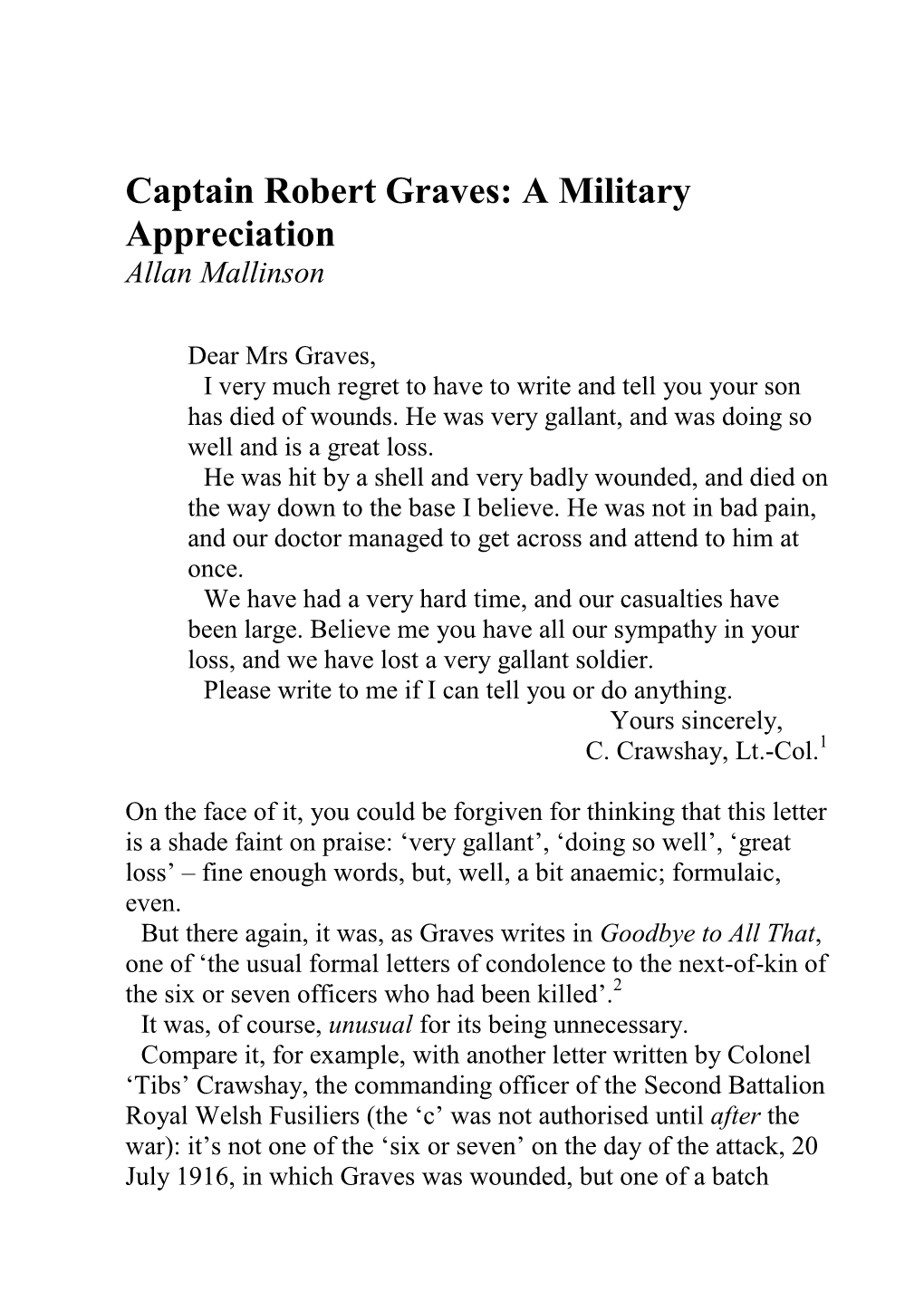 Captain Robert Graves: a Military Appreciation Allan Mallinson