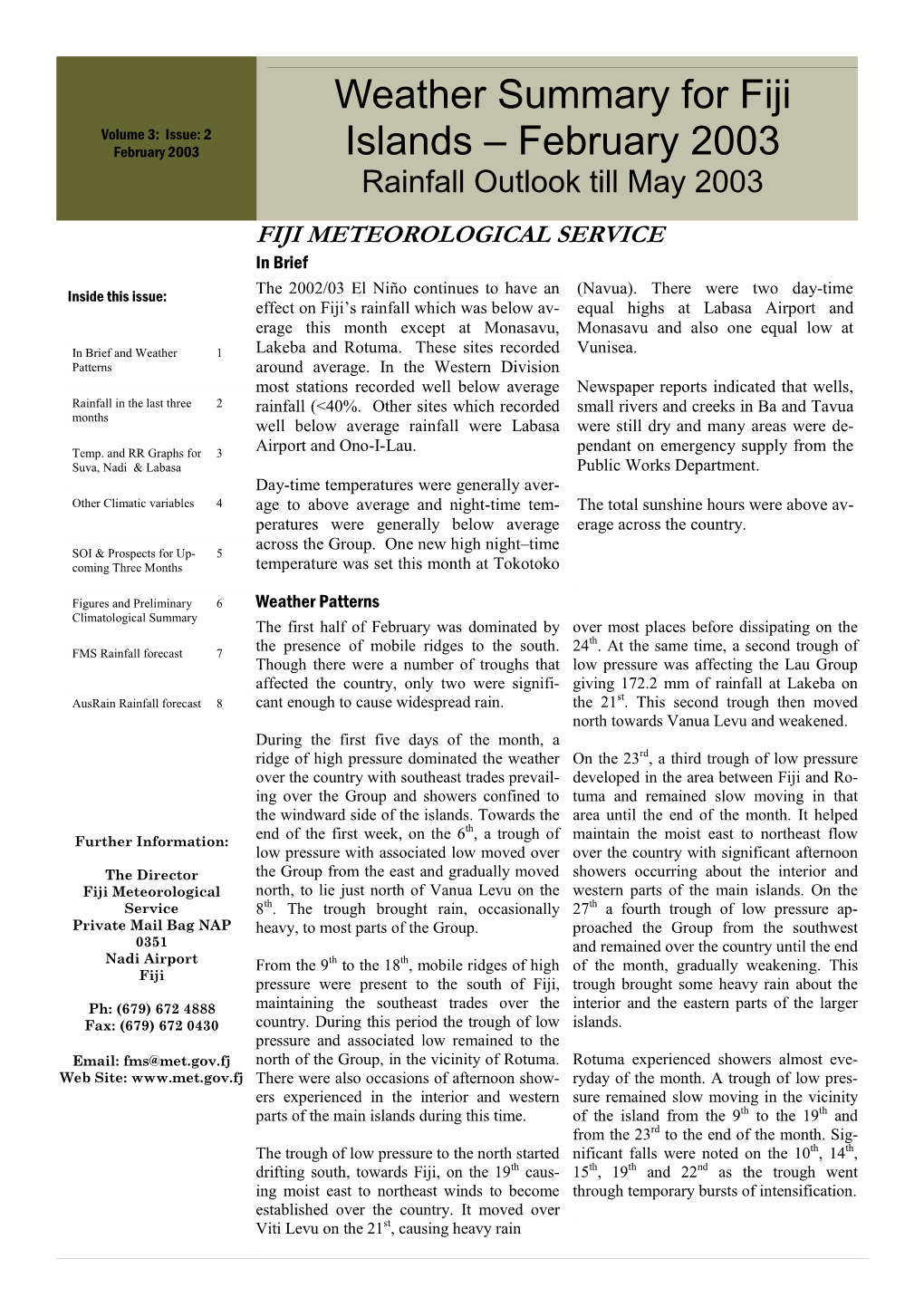 Weather Summary for Fiji Islands – February 2003