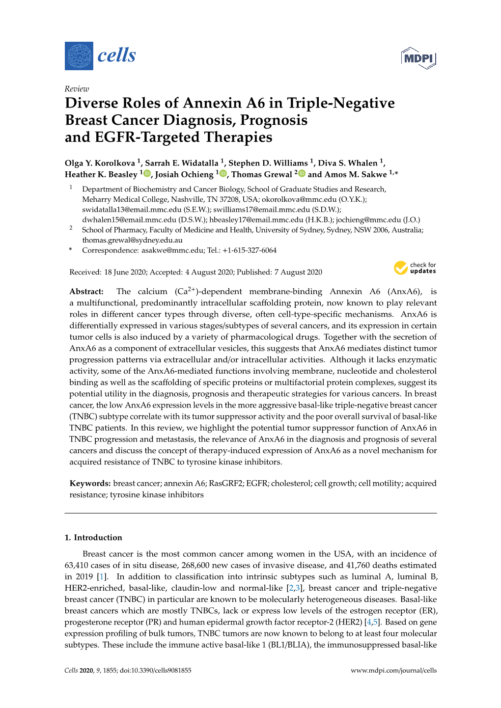 Diverse Roles of Annexin A6 in Triple-Negative Breast Cancer Diagnosis, Prognosis and EGFR-Targeted Therapies