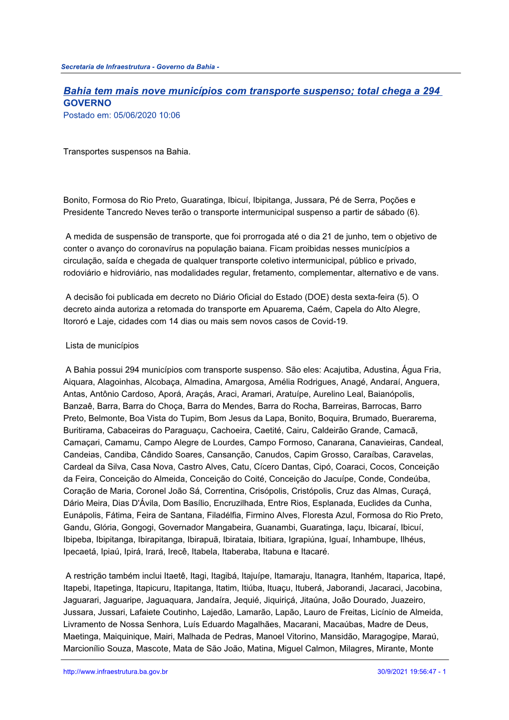 Bahia Tem Mais Nove Municípios Com Transporte Suspenso; Total Chega a 294 GOVERNO Postado Em: 05/06/2020 10:06