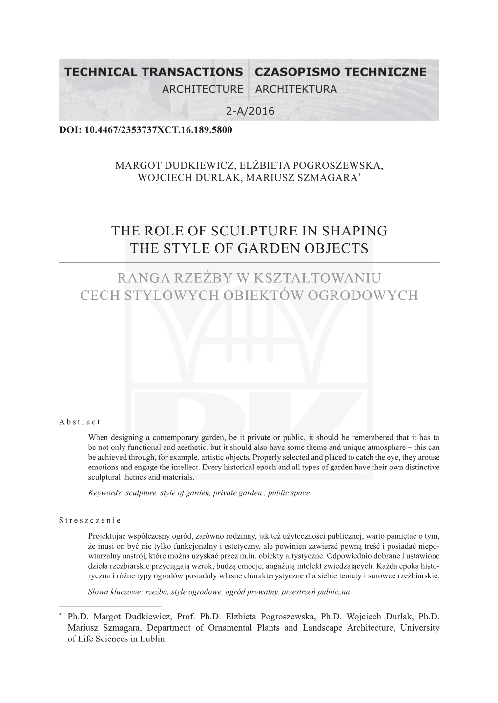 The Role of Sculpture in Shaping the Style of Garden Objects Ranga Rzeźby W Kształtowaniu Cech Stylowych Obiektów Ogrodowych