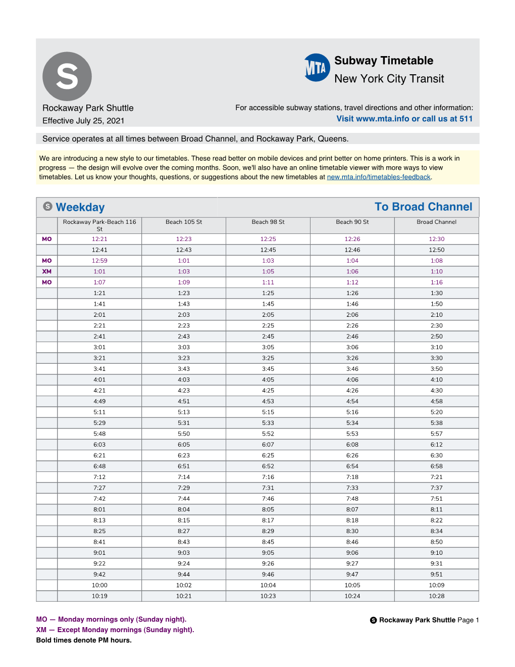 Rockaway Park Shuttle for Accessible Subway Stations, Travel Directions and Other Information: Effective July 25, 2021 Visit Or Call Us at 511