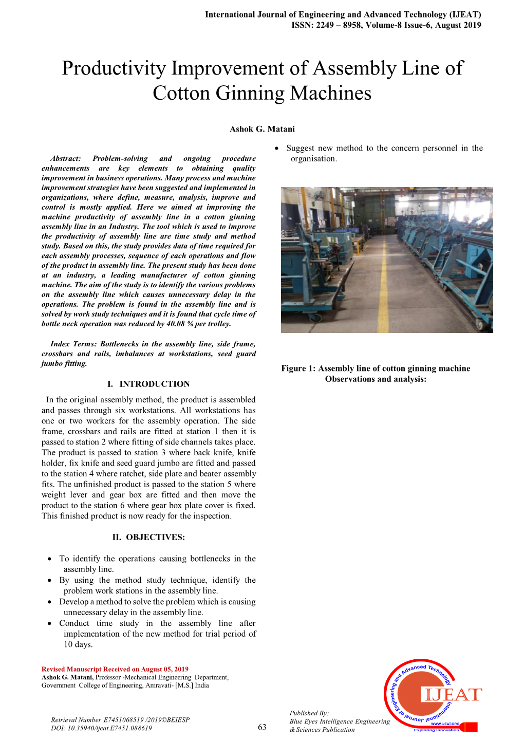 Productivity Improvement of Assembly Line of Cotton Ginning Machines