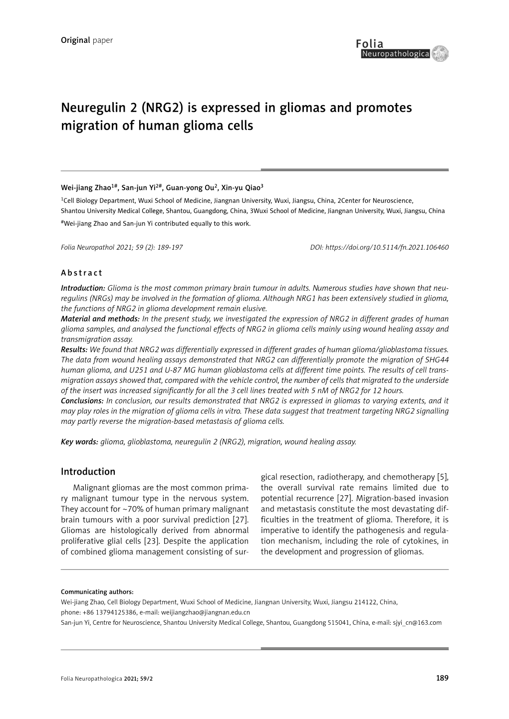 Neuregulin 2 (NRG2) Is Expressed in Gliomas and Promotes Migration of Human Glioma Cells