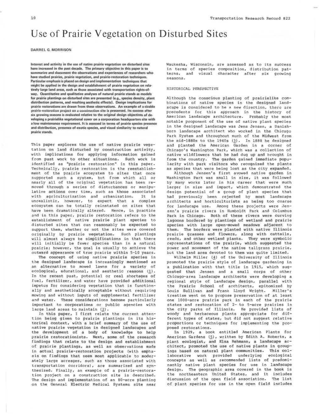 Use of Prairie Vegetation on Disturbed Sites