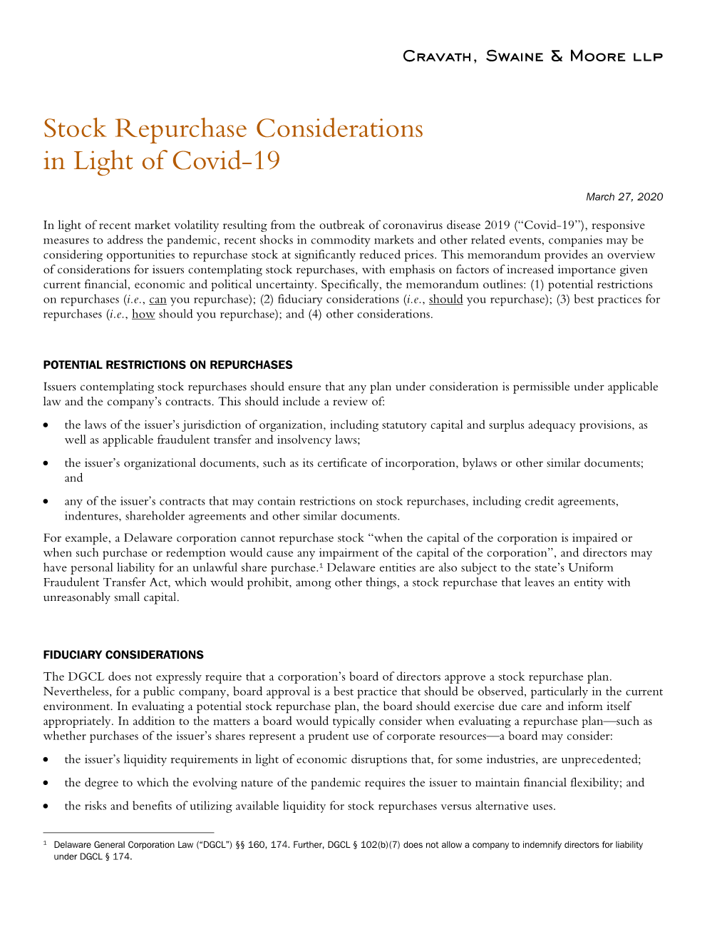 Stock Repurchase Considerations in Light of Covid-19