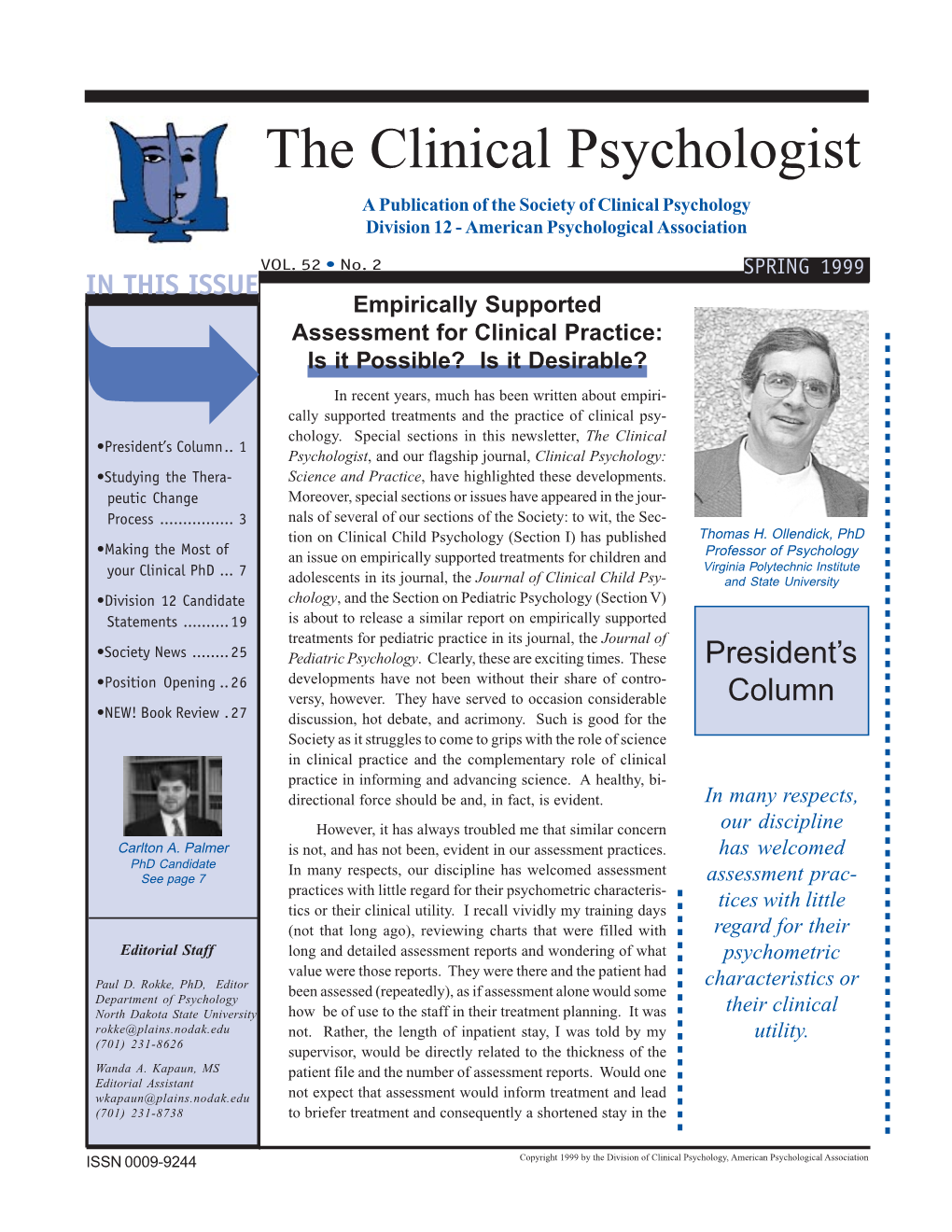 378082 Newsletter 1 12/13/99, 10:21 AM the Clinical Psychologist Volume 52, Number 2, Spring 1999