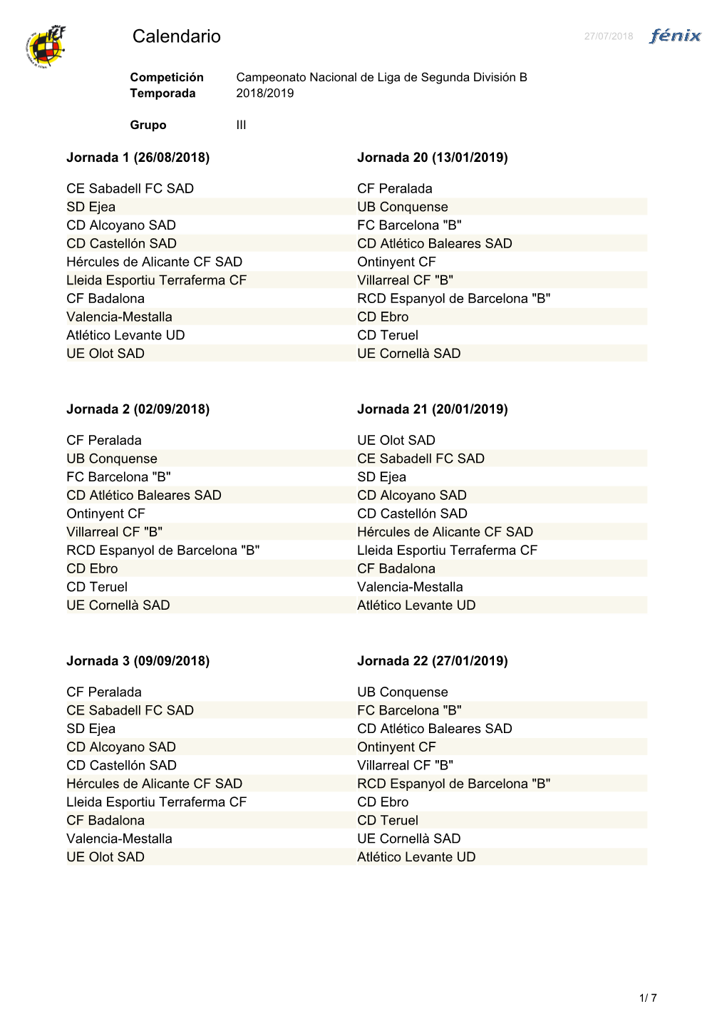 Calendario 27/07/2018