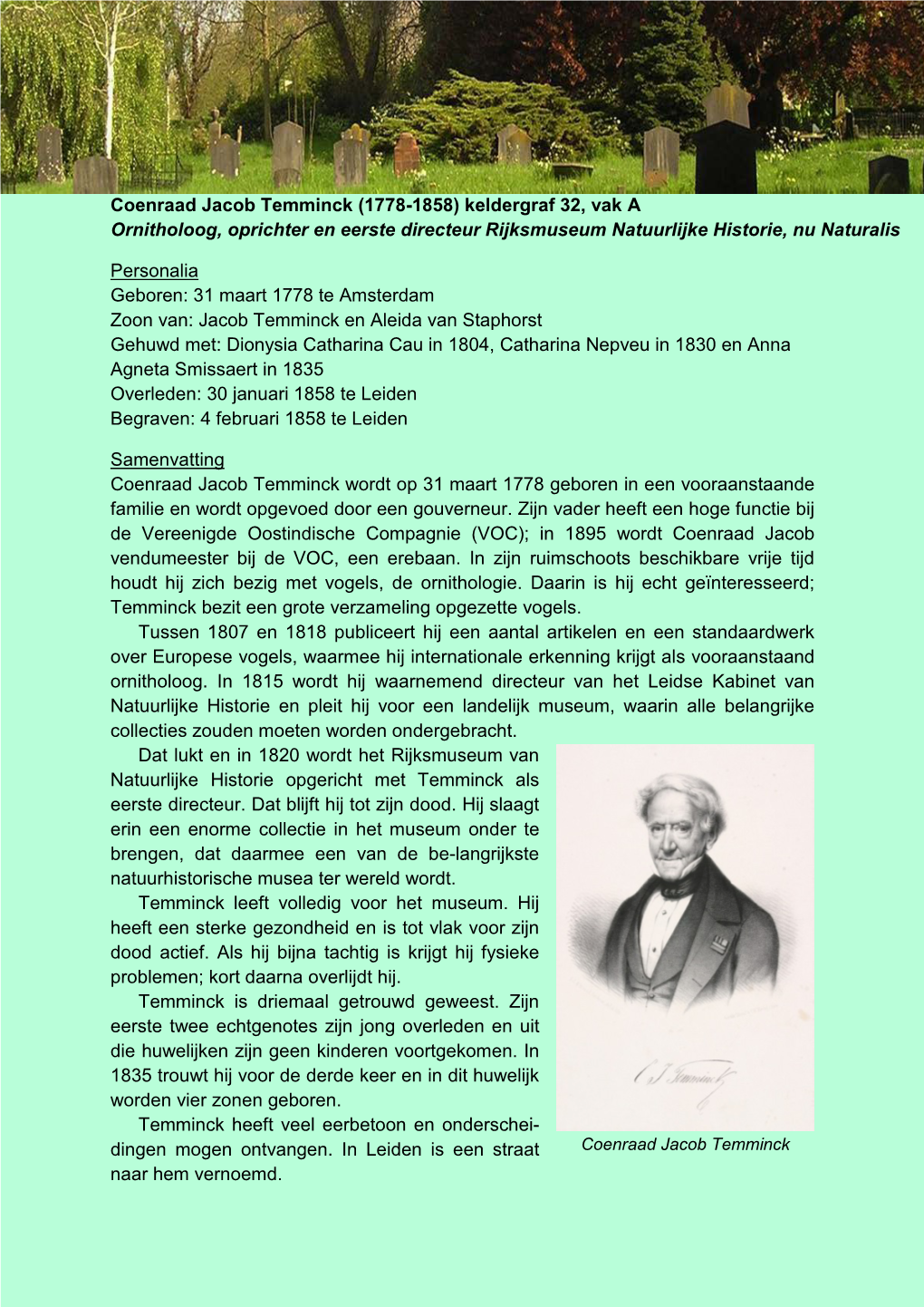 Coenraad Jacob Temminck (1778-1858) Keldergraf 32, Vak a Ornitholoog, Oprichter En Eerste Directeur Rijksmuseum Natuurlijke Historie, Nu Naturalis