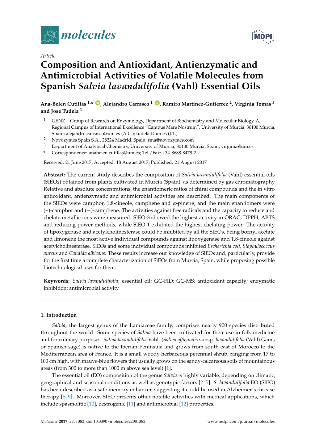 Composition and Antioxidant, Antienzymatic and Antimicrobial Activities of Volatile Molecules from Spanish Salvia Lavandulifolia (Vahl) Essential Oils