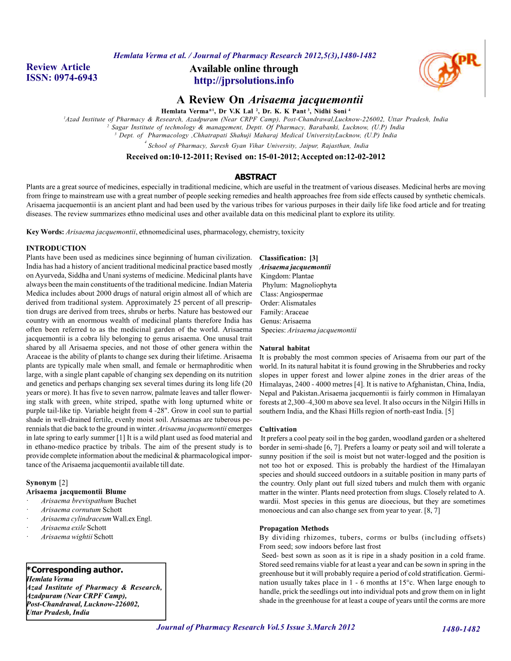 A Review on Arisaema Jacquemontii Hemlata Verma*1, Dr V.K Lal 2, Dr