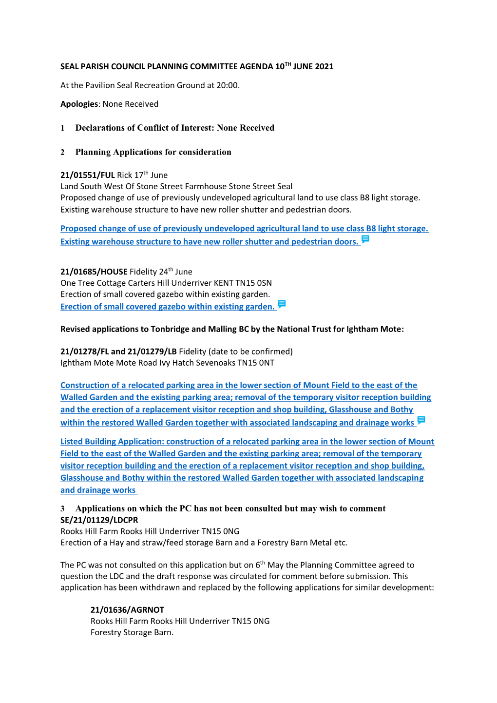 Seal Parish Planning Committee 10Th June 2021