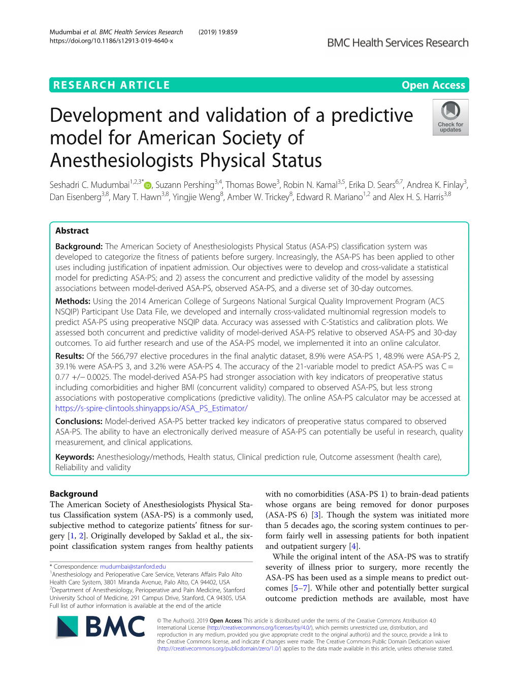 Development and Validation of a Predictive Model for American Society of Anesthesiologists Physical Status Seshadri C