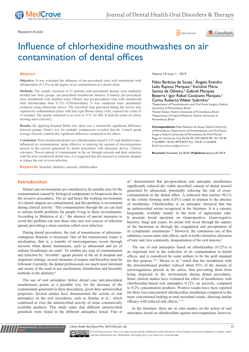 Influence of Chlorhexidine Mouthwashes on Air Contamination of Dental Offices