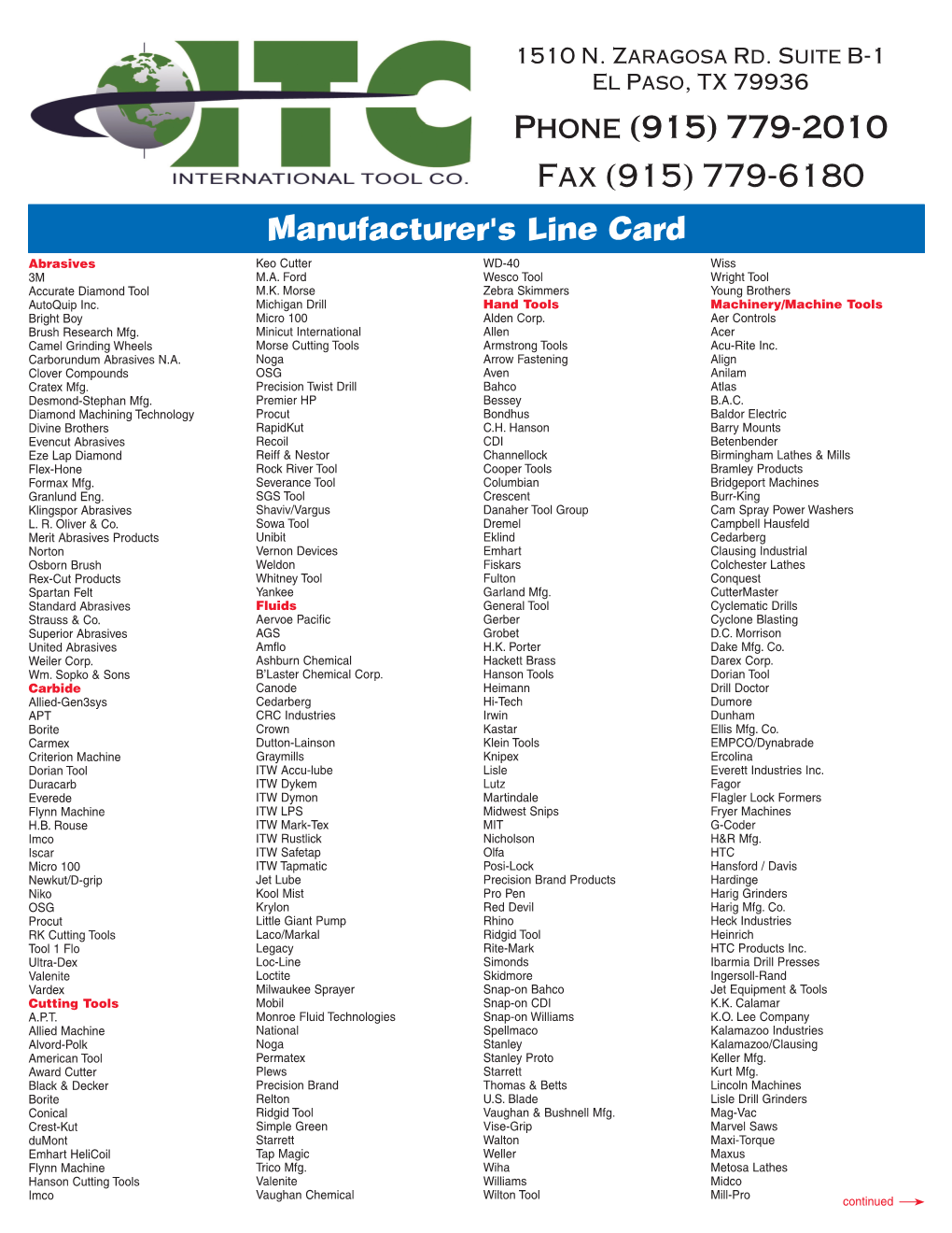 Manufacturer's Line Card Phone (915) 779-2010