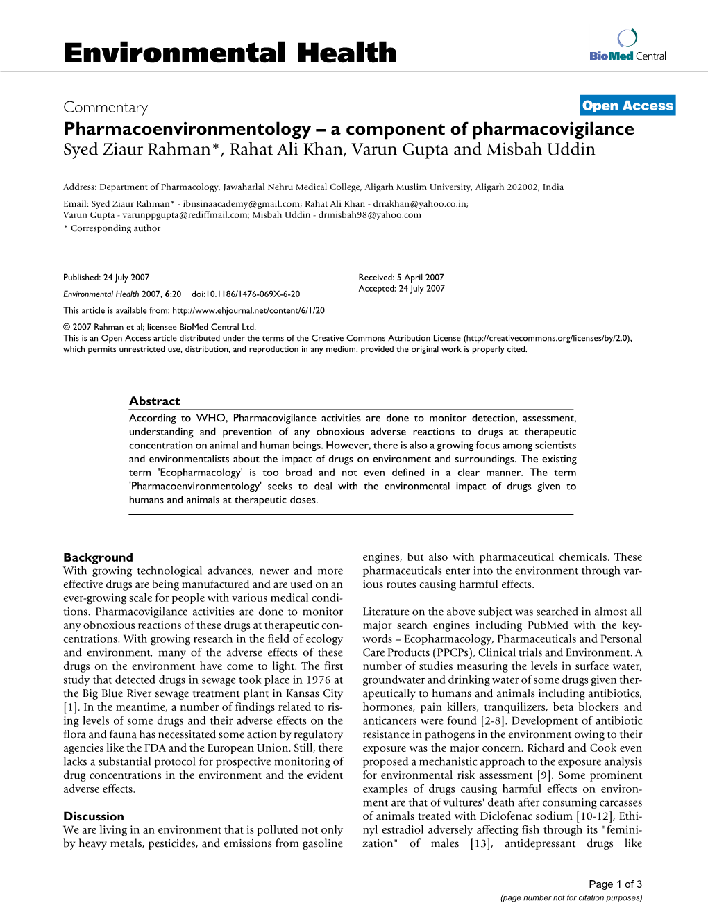 Pharmacoenvironmentology–A Component of Pharmacovigilance