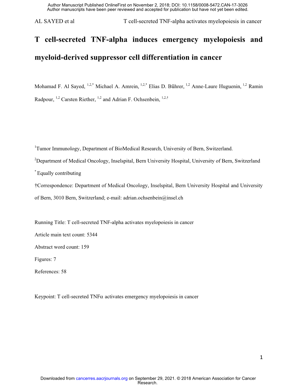 T-Cell-Secreted TNF-Alpha Induces Emergency Myelopoiesis and Myeloid-Derived Suppressor Cell-Differentiation in Cancer