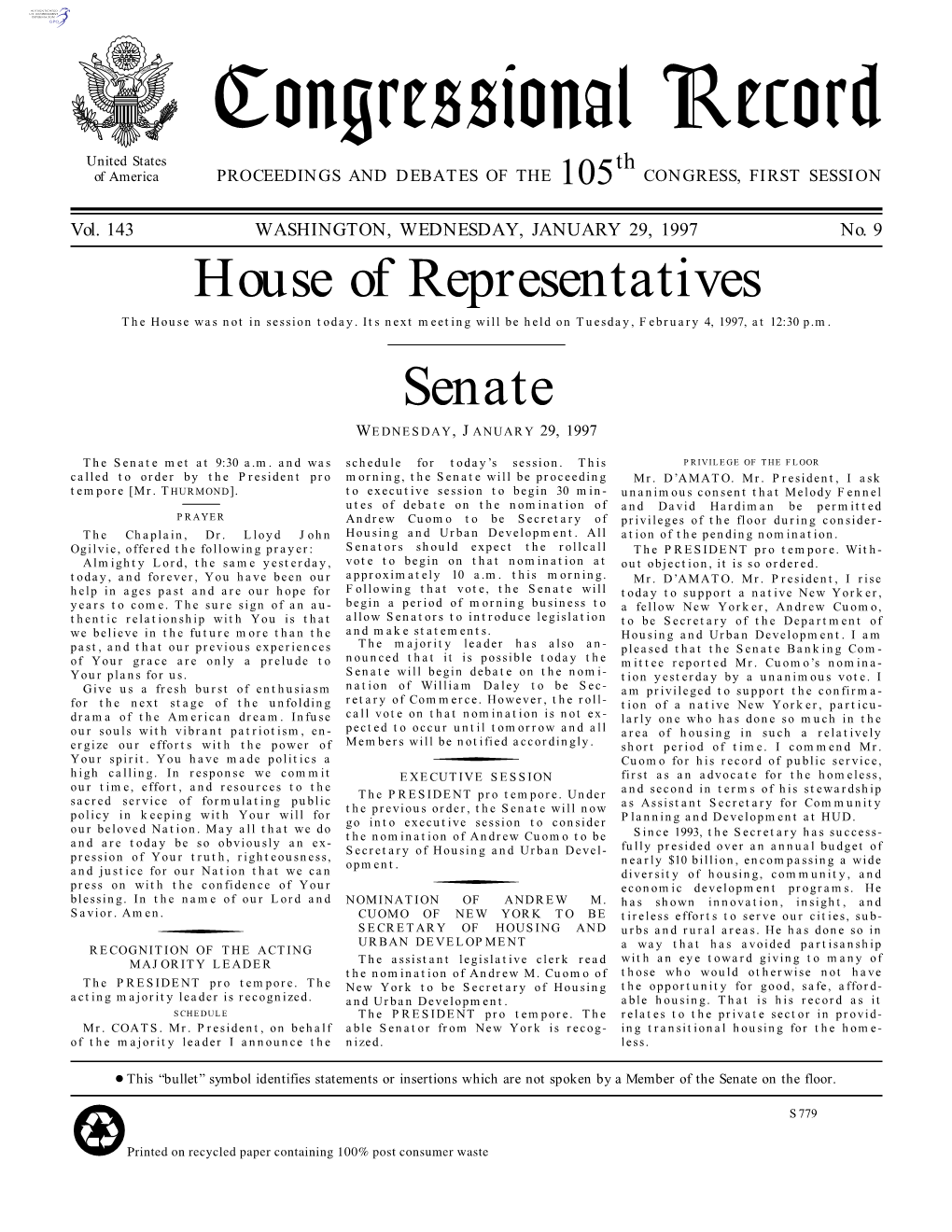 Congressional Record United States Th of America PROCEEDINGS and DEBATES of the 105 CONGRESS, FIRST SESSION