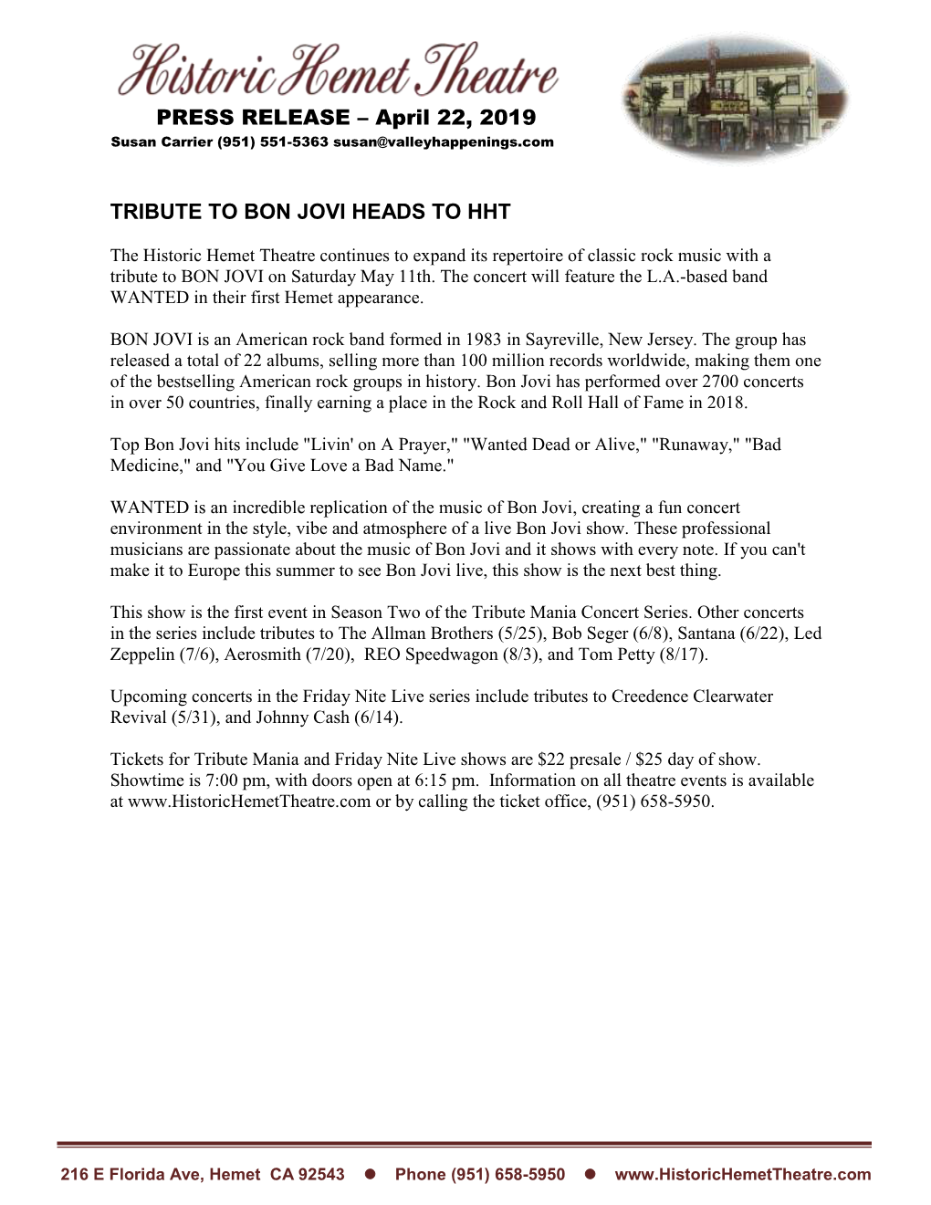 Tribute to Bon Jovi Heads to Hht