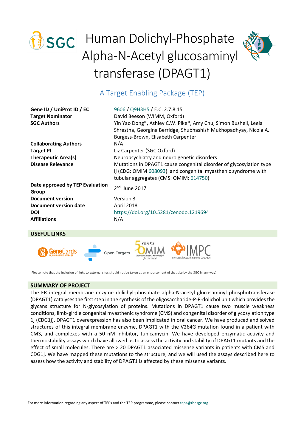 DPAGT1) a Target Enabling Package (TEP)