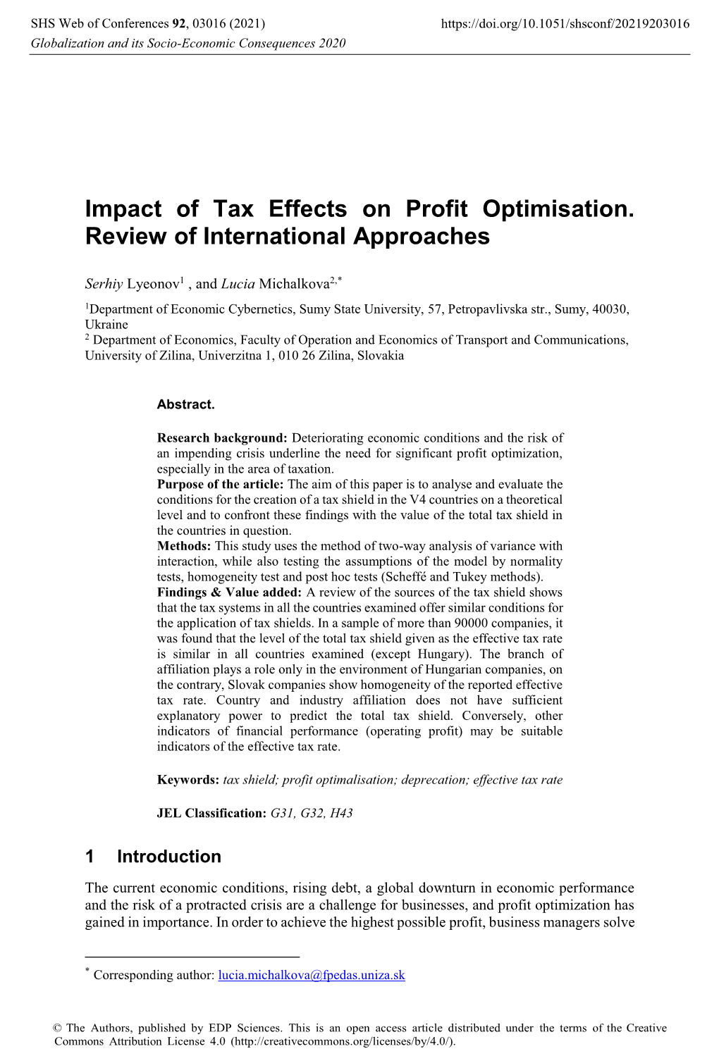Impact of Tax Effects on Profit Optimisation. Review of International Approaches
