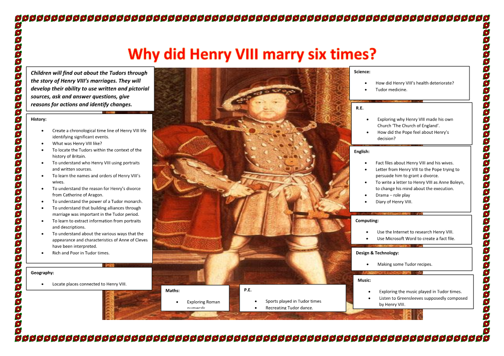 Children Will Find out About the Tudors Through the Story of Henry VIII's Marriages. They Will Develop Their Ability to Use Wr