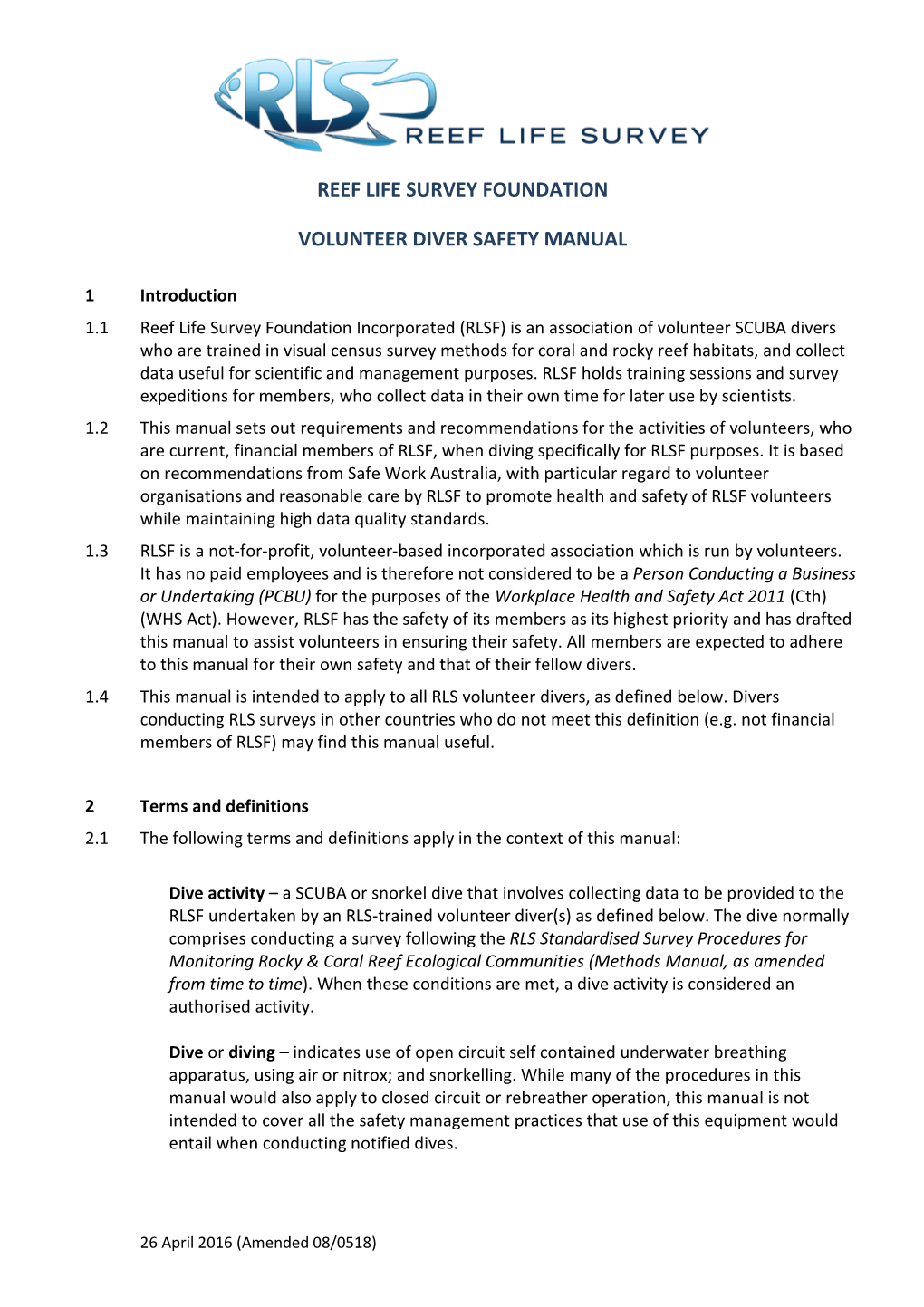 RLSF Volunteer Diver Safety Manual