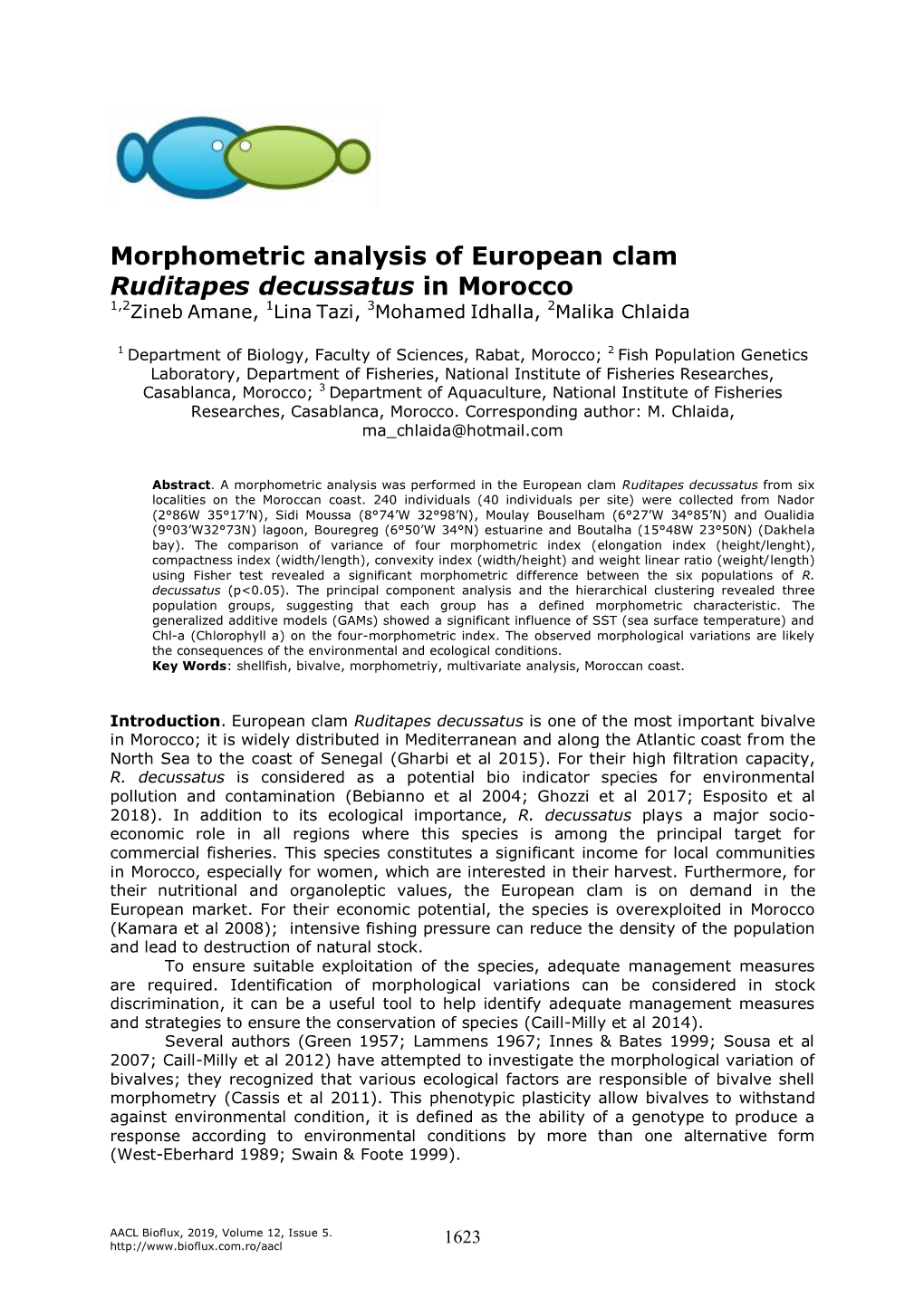 Morphometric Analysis of European Clam Ruditapes Decussatus in Morocco 1,2Zineb Amane, 1Lina Tazi, 3Mohamed Idhalla, 2Malika Chlaida