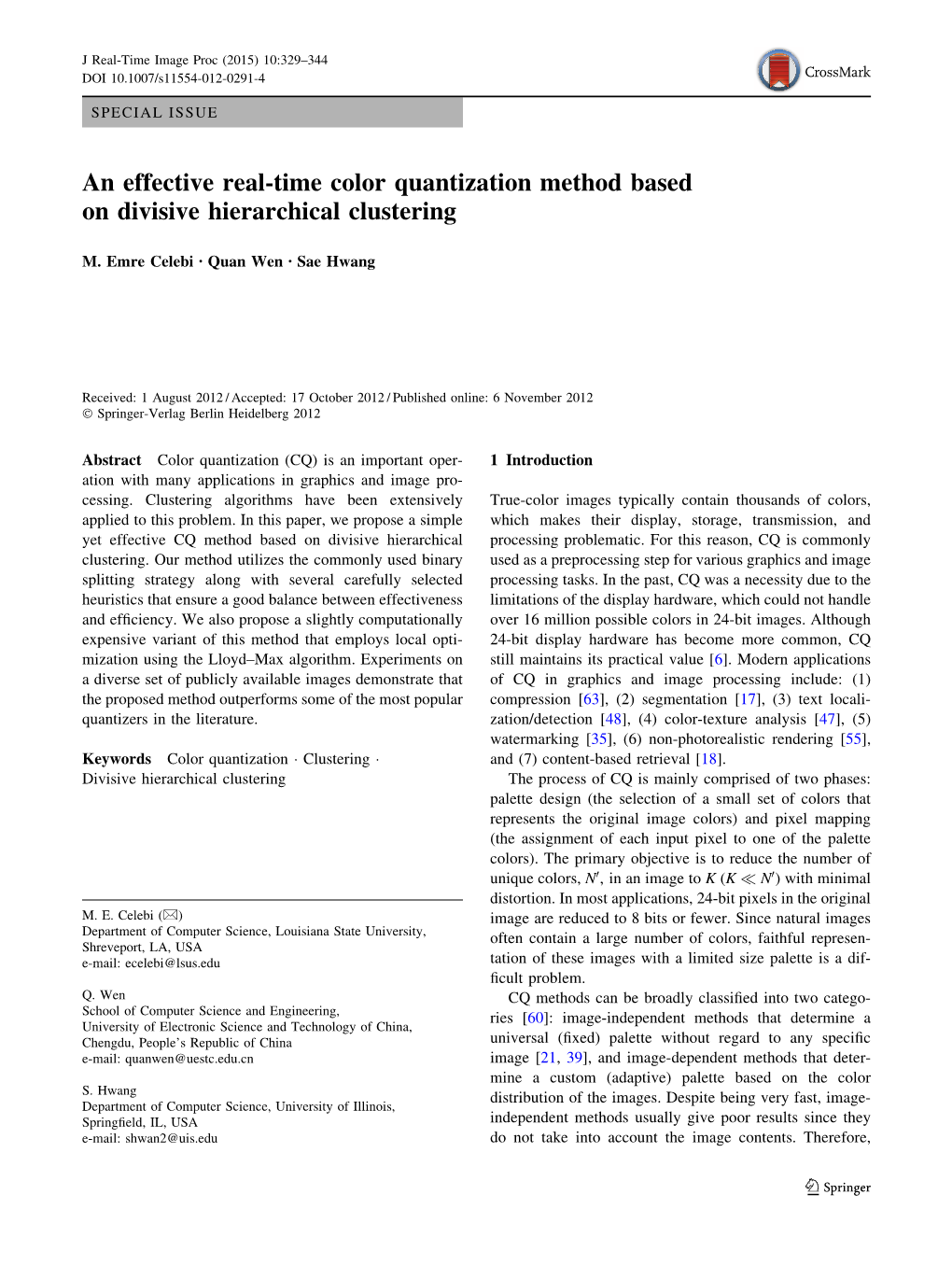 An Effective Real-Time Color Quantization Method Based on Divisive Hierarchical Clustering