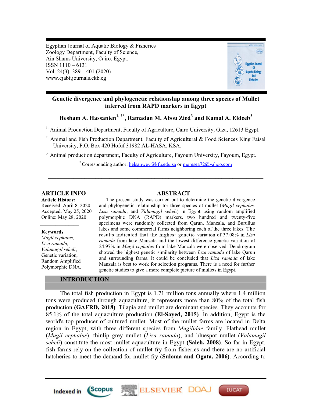 Genetic Divergence and Phylogenetic Relationship Among Three Species of Mullet Inferred from RAPD Markers in Egypt Hesham A