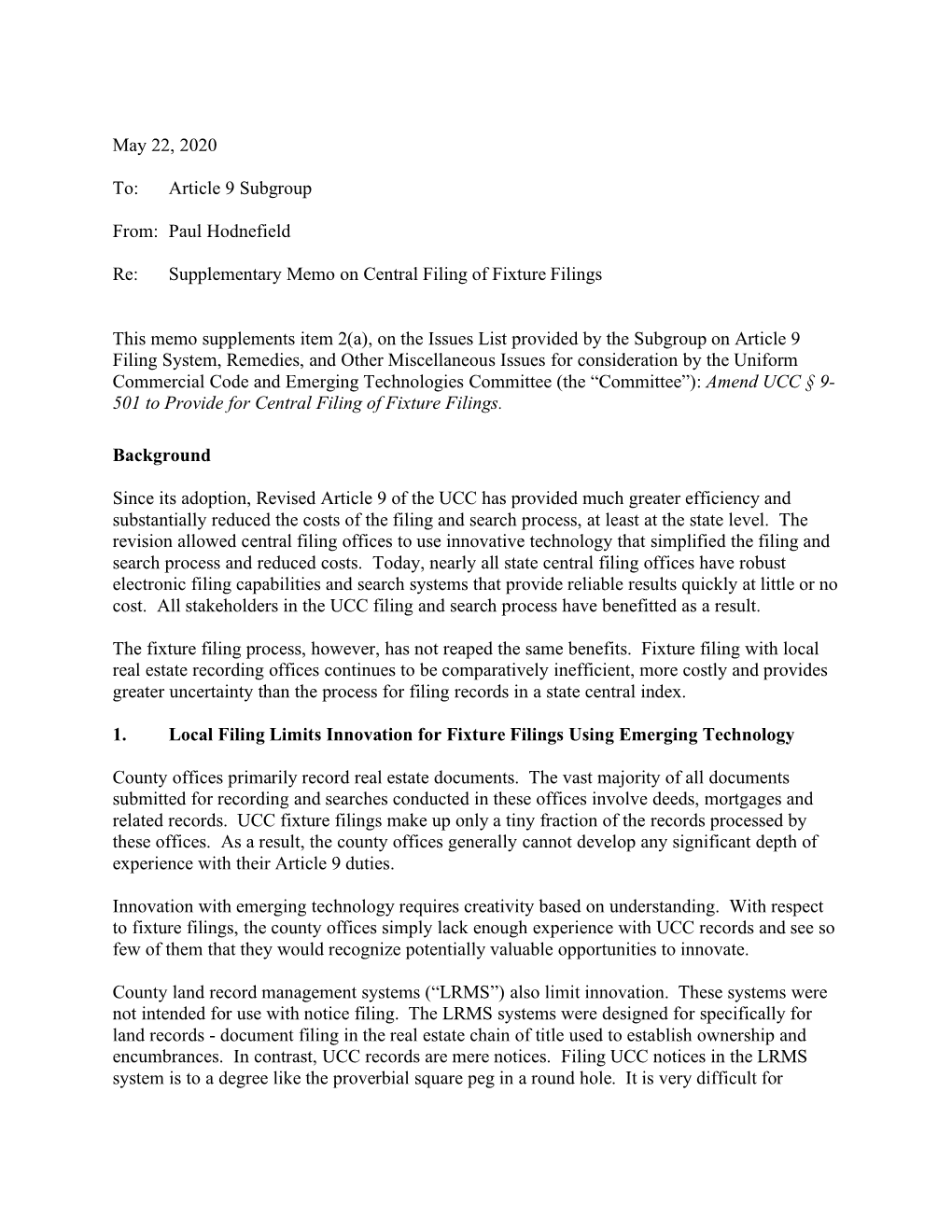 Supplementary Memo on Central Filing of Fixture Filings (2020 May