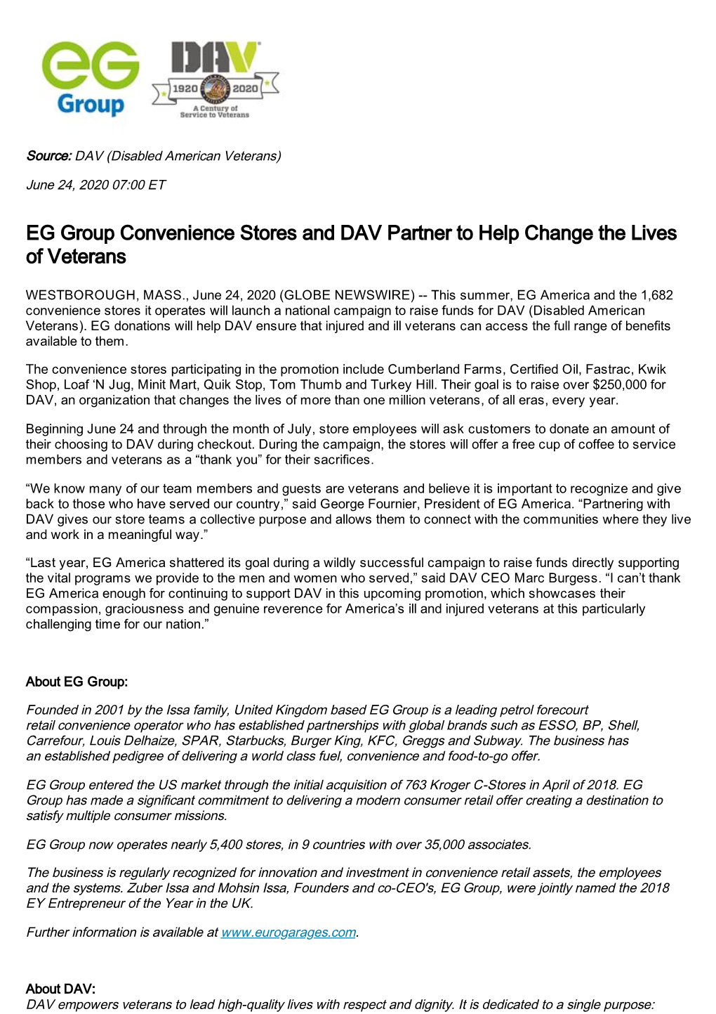 EG Group Convenience Stores and DAV Partner to Help Change the Lives of Veterans