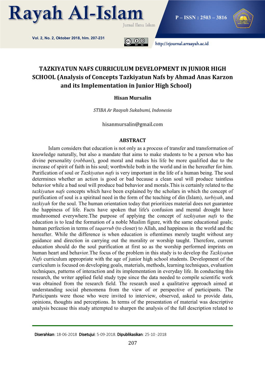 Analysis of Concepts Tazkiyatun Nafs by Ahmad Anas Karzon and Its Implementation in Junior High School)