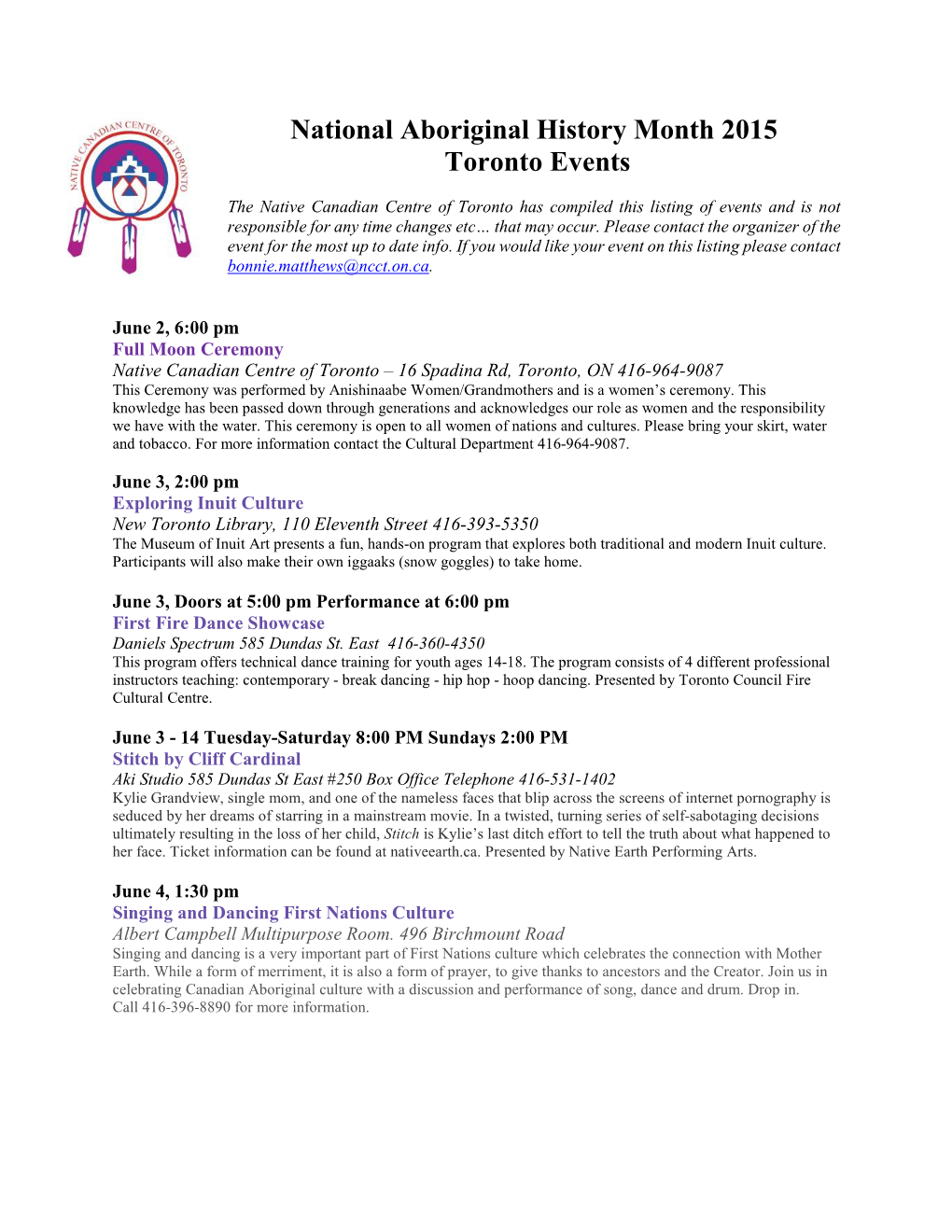 National Aboriginal History Month 2015 Toronto Events