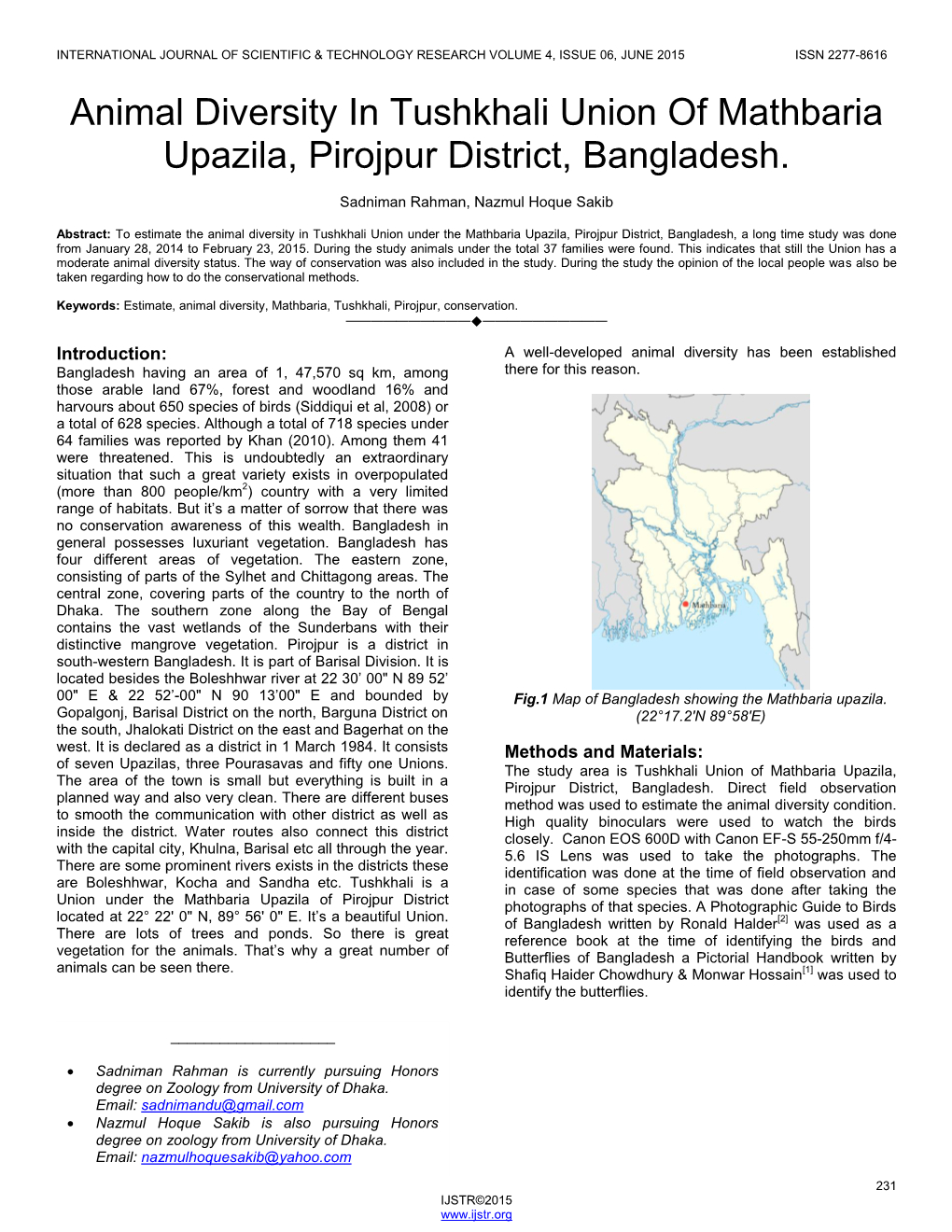 Animal Diversity in Tushkhali Union of Mathbaria Upazila, Pirojpur District, Bangladesh